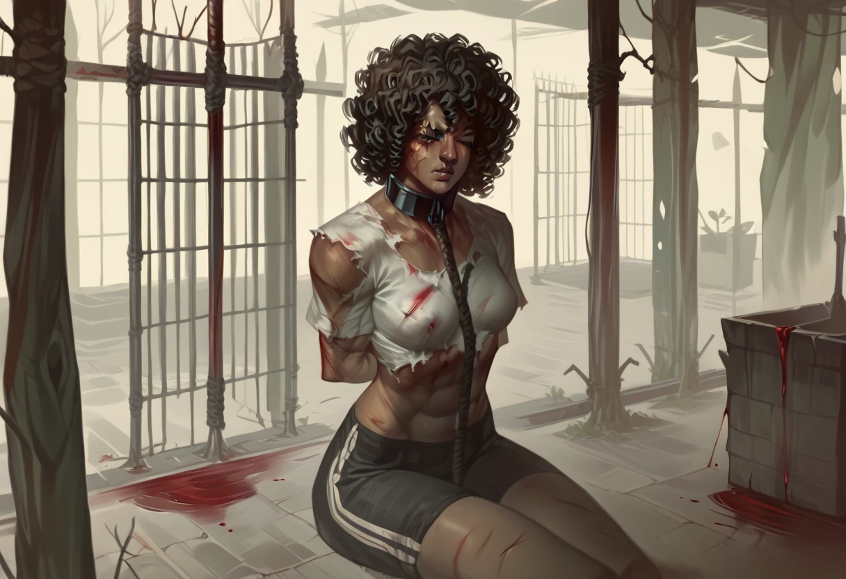 A black skin with shaved hair and a collar around his neck,The collar is attached to a thick dog leash,The chains on his body were tied to the pillars,on his knees,The body is dirty,A miserable and helpless look on the back in a dungeon , without shirt, nude
