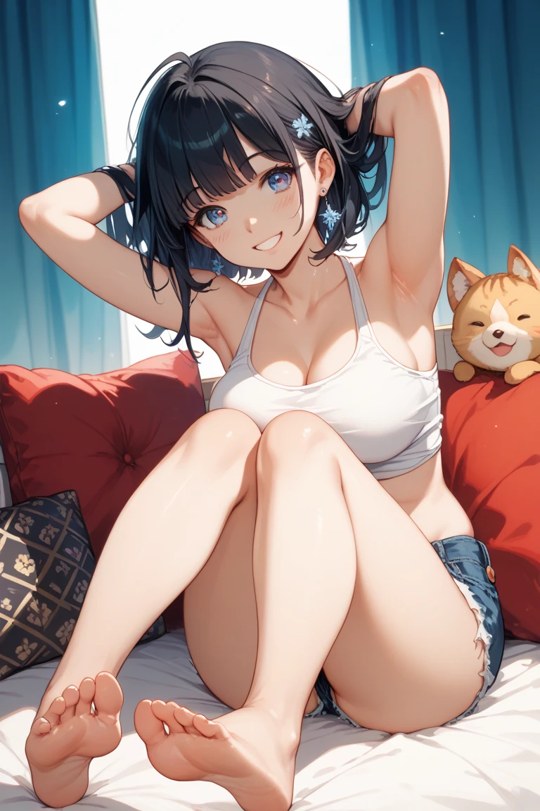 KazAsuka, a striking Japanese woman with short black hair, is peacefully sleeping on the couch in a modern Japanese living room. She is wearing a torn blue crop top showing her nipple, a denim jacket, and minishorts open mouth seductive. Her MMA gloves add a hint of toughness to her appearance