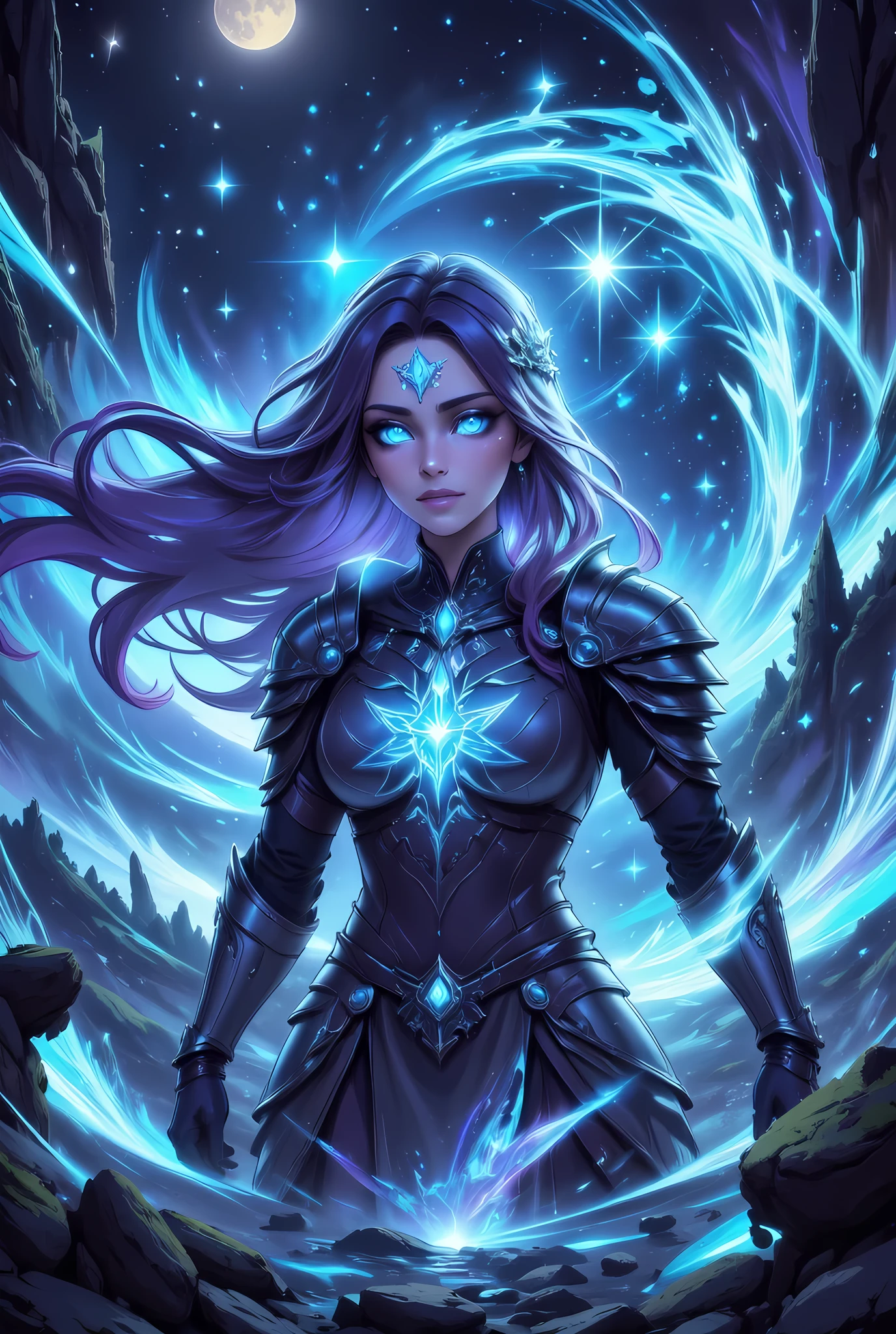 female human druid of the stars, guardian of nature, controlling magical energy made of stars, swirling blue stary magical light, divine symbols high details, dynamic angle, human female, extremally beautiful, ultra feminine, dynamic hair, dynamic hair color, wearing leather armor , holding a staff, moon light, stars, dynamic natural background, invert color, RPG art, magical atmosphere magic-fantasy-forest, dnd art, rpg art ultra best realistic, best details, best quality, 16k, masterpiece, best quality, (extremely detailed), photorealism, depth of field, hyper realistic painting, ultra wide shot, , realistic art , invert color, Celestial Fantasy, w1n