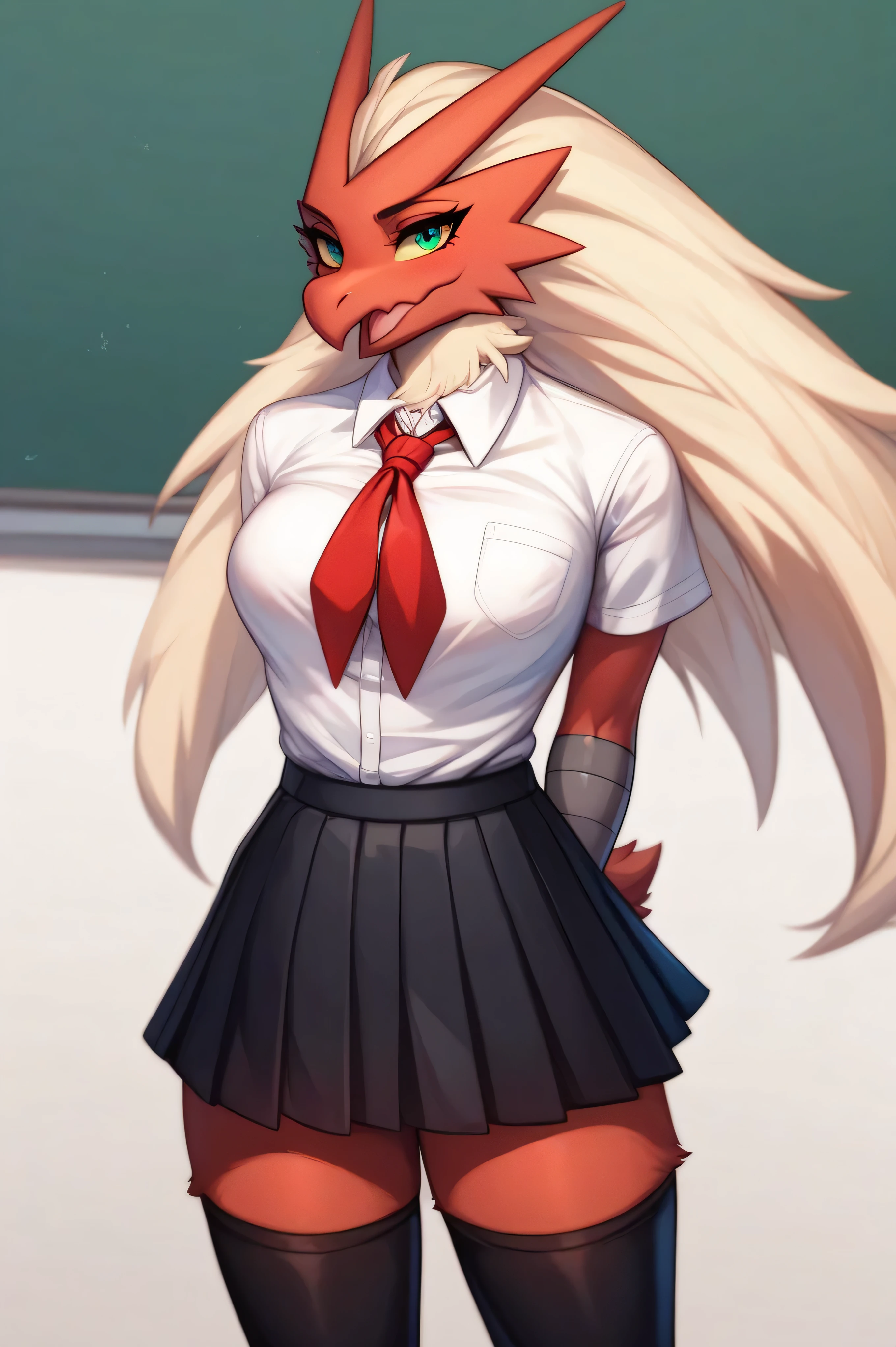score_9, score_8_up, score_7_up, score_6_up, high quality, intricate details, high resolution, sharp focus, Expressive, solo, WhisperingVeil Style, better face, better eyes,
1girl, Blaziken (pokemon), pokemon generation 3, anthro, school uniform, white shirt, red tie, black skirt, black thigh highs, black contours, furry art, commission for high res, green eyes, stading straight, arms behind back, standing,