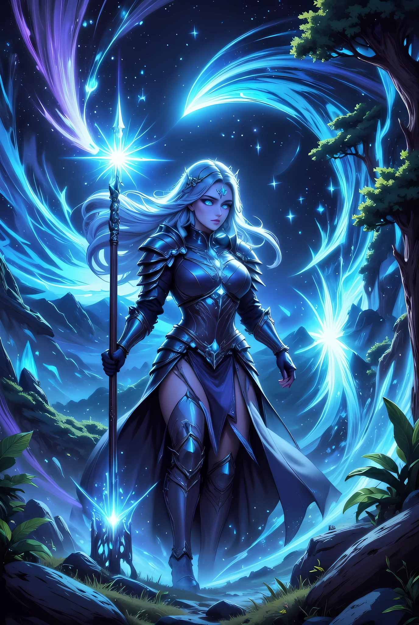 female human druid of the stars, guardian of nature, controlling magical energy made of stars, swirling blue stary magical light, divine symbols high details, dynamic angle, human female, extremally beautiful, ultra feminine, dynamic hair, dynamic hair color, wearing leather armor , holding a staff, moon light, stars, dynamic natural background, invert color, RPG art, magical atmosphere magic-fantasy-forest, dnd art, rpg art ultra best realistic, best details, best quality, 16k, masterpiece, best quality, (extremely detailed), photorealism, depth of field, hyper realistic painting, ultra wide shot, , realistic art , invert color, Celestial Fantasy, w1n