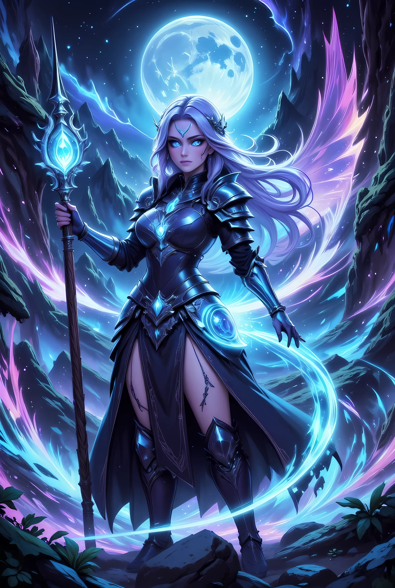 female human druid of the stars, guardian of nature, controlling magical energy made of stars, swirling blue stary magical light, divine symbols high details, dynamic angle, human female, extremally beautiful, ultra feminine, dynamic hair, dynamic hair color, wearing leather armor , holding a staff, moon light, stars, dynamic natural background, invert color, RPG art, magical atmosphere magic-fantasy-forest, dnd art, rpg art ultra best realistic, best details, best quality, 16k, masterpiece, best quality, (extremely detailed), photorealism, depth of field, hyper realistic painting, ultra wide shot, , realistic art , invert color, Celestial Fantasy, w1n