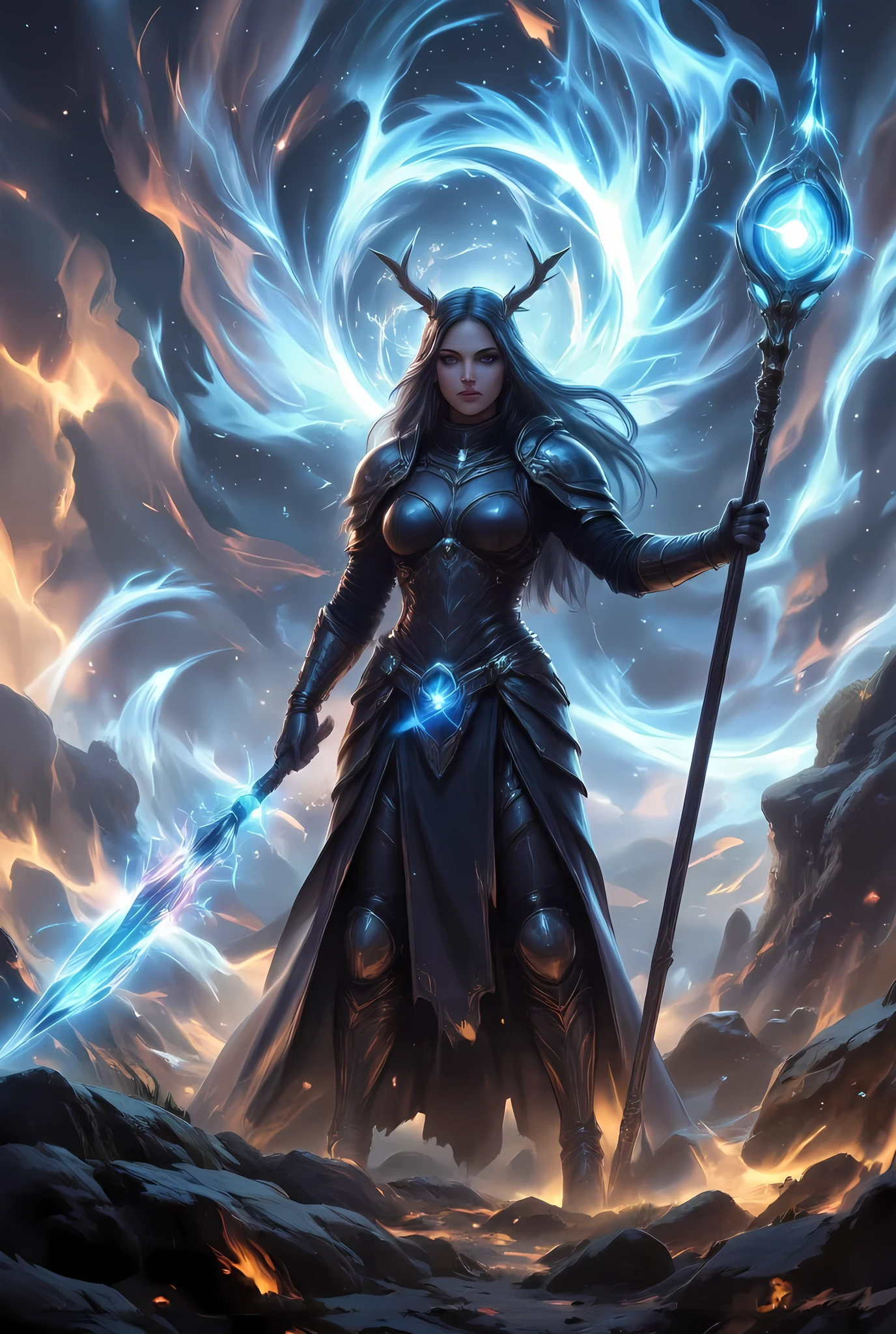 female human druid of the stars, guardian of nature, controlling magical energy made of stars, swirling blue stary magical light, divine symbols high details, dynamic angle, human female, extremally beautiful, ultra feminine, dynamic hair, dynamic hair color, wearing leather armor , holding a staff, moon light, stars, dynamic natural background, RPG art, magical atmosphere magic-fantasy-forest, dnd art, rpg art ultra best realistic, best details, best quality, 16k, masterpiece, best quality, (extremely detailed), photorealism, depth of field, hyper realistic painting, ultra wide shot, , realistic art , invert color, Celestial Fantasy