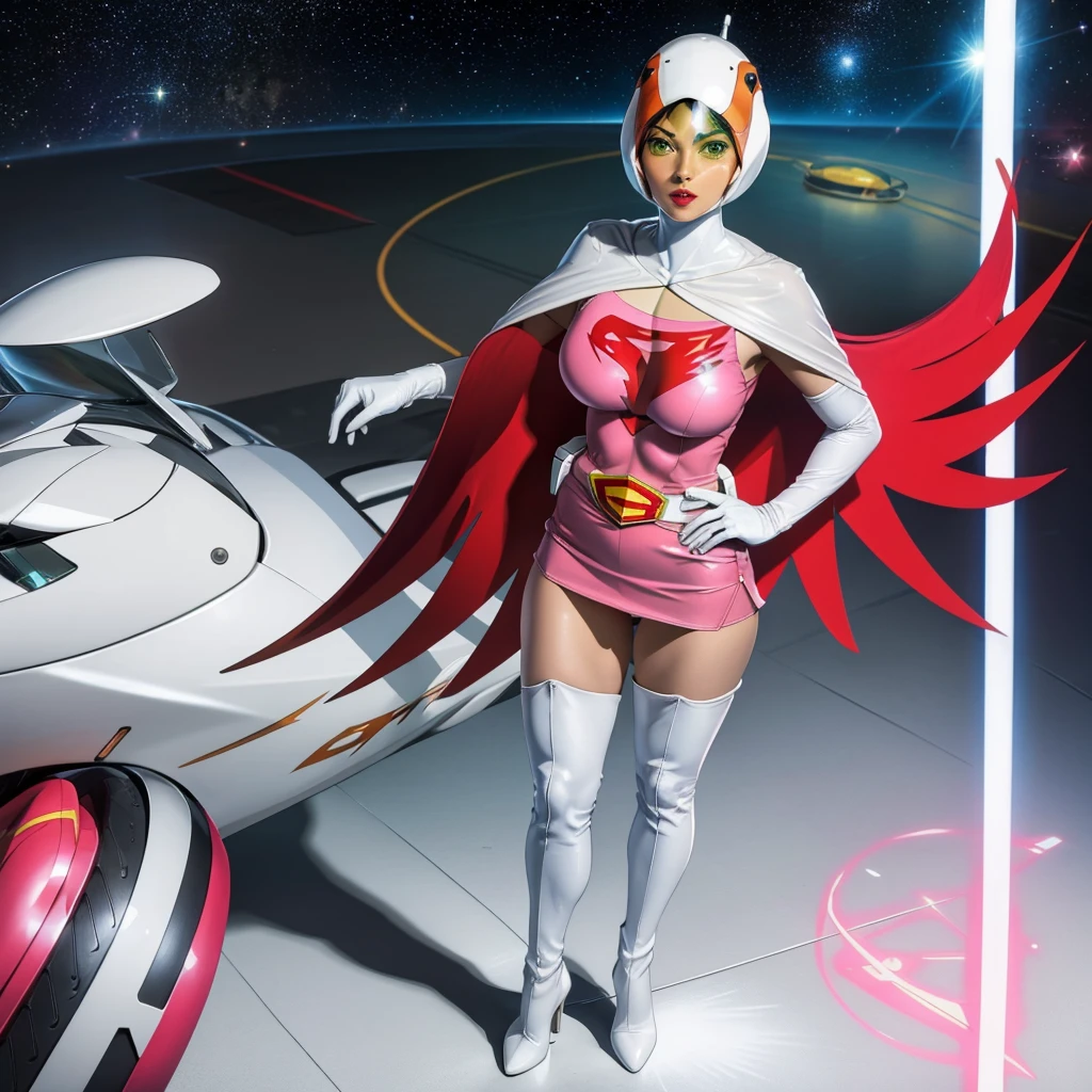 ANI_CLASSIC_jun_gatchaman_ownwaifu,1girl, 15yo,good anatomy, masterpiece, best quality,realistic, hyperrealistic, 16k hdr, long hair,breasts,green eyes,lips,large breasts,lipstick,makeup,gloves,cape,helmet,belt,elbow gloves,white gloves,mask,ultra miniskirt,leotard,spacesuit,white tight overknee highheels boots,pink dress,superhero,bodysuit,cleavage,erected nipples,(sexy pose,from below:1.2),(spread legs:1.1),cameltoe