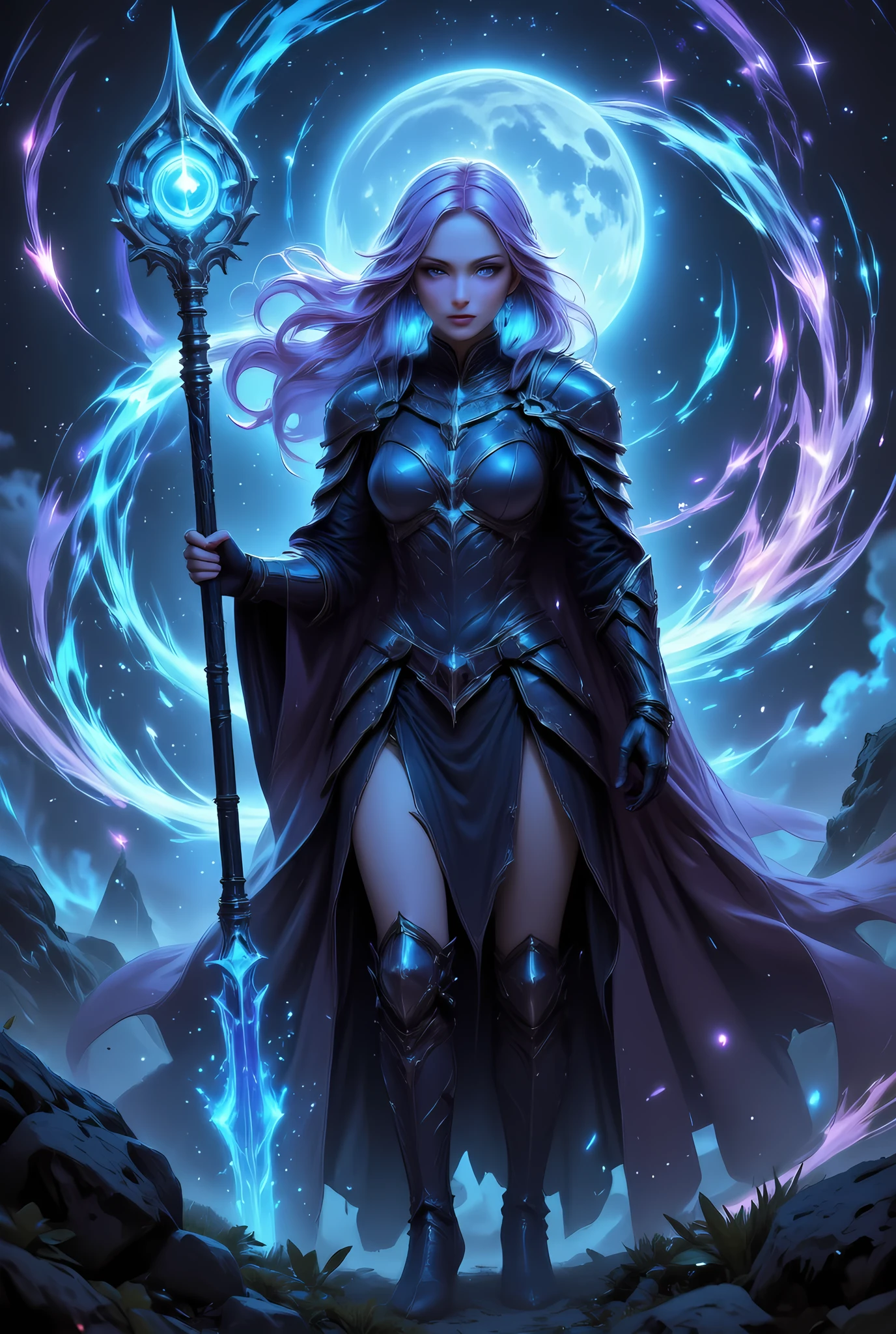 female human druid of the stars, guardian of nature, controlling magical energy made of stars, swirling blue stary magical light, divine symbols high details, dynamic angle, human female, extremally beautiful, ultra feminine, dynamic hair, dynamic hair color, wearing leather armor , holding a staff, moon light, stars, dynamic natural background, invert color, RPG art, magical atmosphere magic-fantasy-forest, dnd art, rpg art ultra best realistic, best details, best quality, 16k, masterpiece, best quality, (extremely detailed), photorealism, depth of field, hyper realistic painting, ultra wide shot, , realistic art , invert color, Celestial Fantasy, w1n