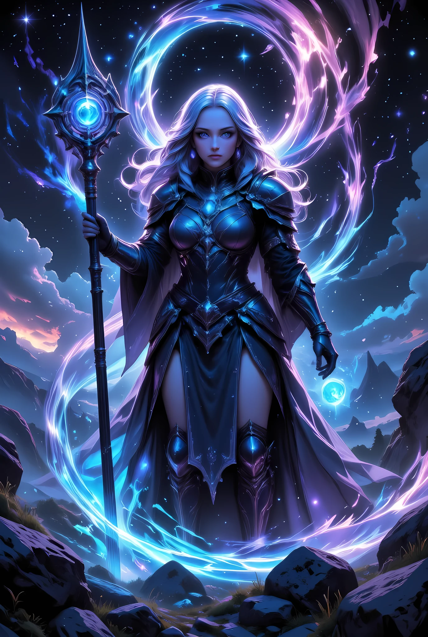 female human druid of the stars, guardian of nature, controlling magical energy made of stars, swirling blue stary magical light, divine symbols high details, dynamic angle, human female, extremally beautiful, ultra feminine, dynamic hair, dynamic hair color, wearing leather armor , holding a staff, moon light, stars, dynamic natural background, invert color, RPG art, magical atmosphere magic-fantasy-forest, dnd art, rpg art ultra best realistic, best details, best quality, 16k, masterpiece, best quality, (extremely detailed), photorealism, depth of field, hyper realistic painting, ultra wide shot, , realistic art , invert color, Celestial Fantasy, w1n