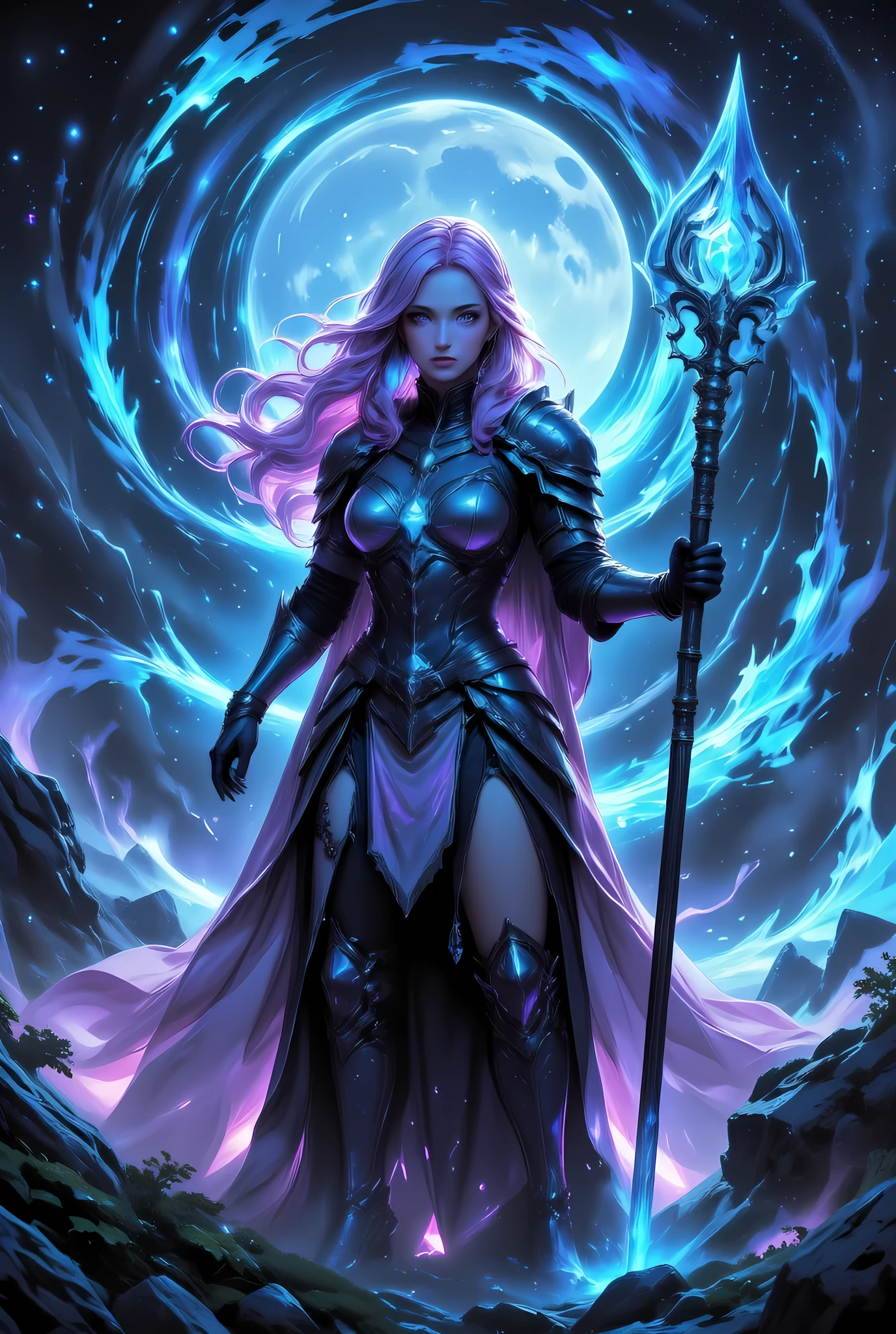 female human druid of the stars, guardian of nature, controlling magical energy made of stars, swirling blue stary magical light, divine symbols high details, dynamic angle, human female, extremally beautiful, ultra feminine, dynamic hair, dynamic hair color, wearing leather armor , holding a staff, moon light, stars, dynamic natural background, invert color, RPG art, magical atmosphere magic-fantasy-forest, dnd art, rpg art ultra best realistic, best details, best quality, 16k, masterpiece, best quality, (extremely detailed), photorealism, depth of field, hyper realistic painting, ultra wide shot, , realistic art , invert color, Celestial Fantasy, w1n
