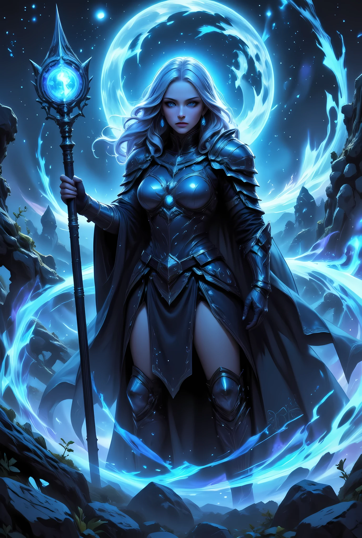 female human druid of the stars, guardian of nature, controlling magical energy made of stars, swirling blue stary magical light, divine symbols high details, dynamic angle, human female, extremally beautiful, ultra feminine, dynamic hair, dynamic hair color, wearing leather armor , holding a staff, moon light, stars, dynamic natural background, invert color, RPG art, magical atmosphere magic-fantasy-forest, dnd art, rpg art ultra best realistic, best details, best quality, 16k, masterpiece, best quality, (extremely detailed), photorealism, depth of field, hyper realistic painting, ultra wide shot, , realistic art , invert color, Celestial Fantasy, w1n