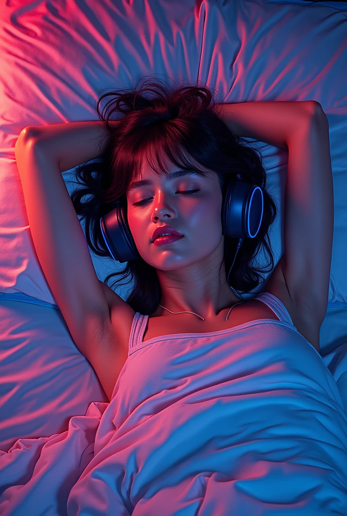 colorful、on clouds、kosmos、night, Big Moon in window、realistic、The girl is sleeping、She wears delicate headphones that blend into her hair, Only one stuffed animal、closed eyes, hugging pillow、超A high resolution, nude, cuerpo entero