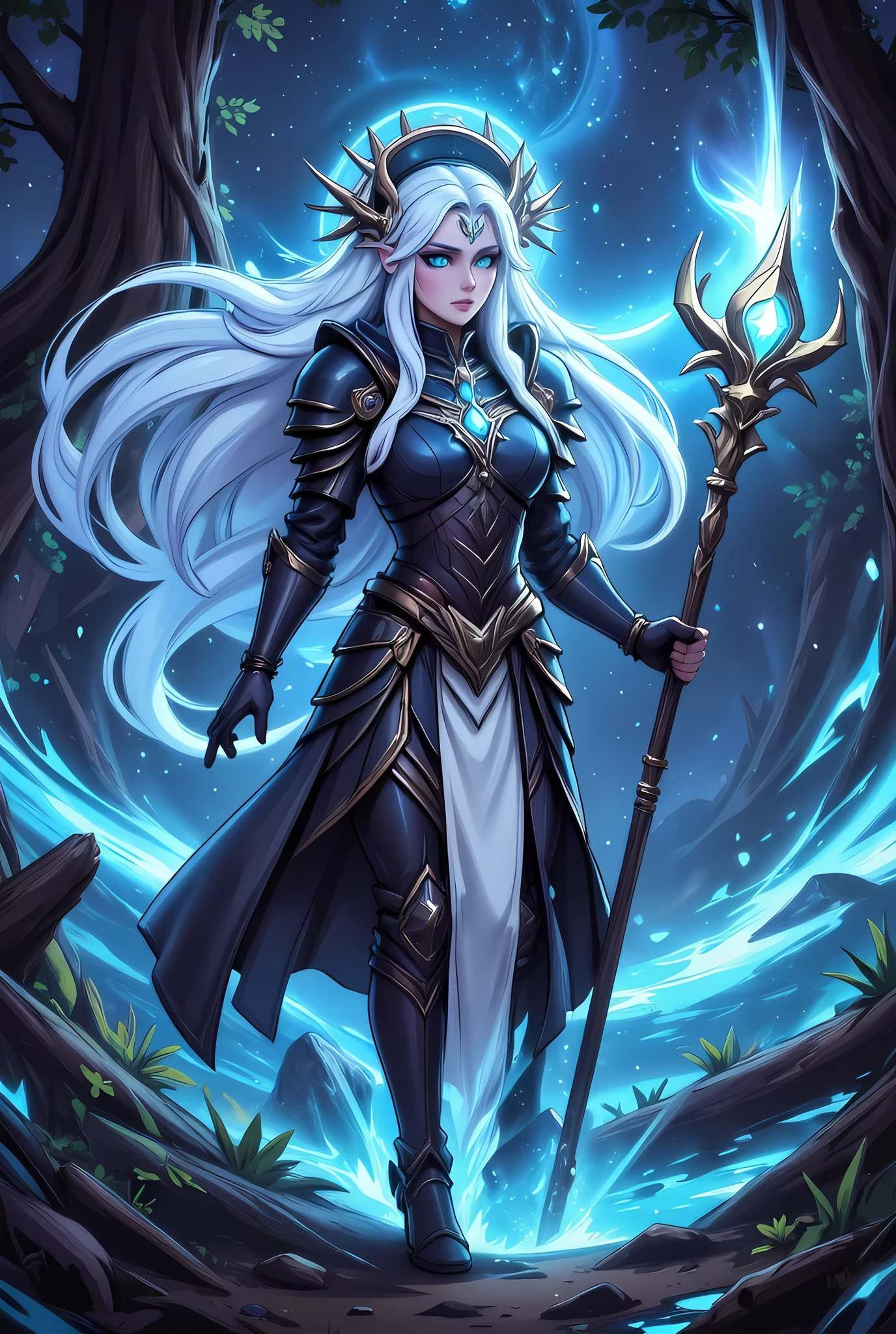 female human druid of the stars, guardian of nature, controlling magical energy made of stars, swirling blue stary magical light, divine symbols high details, dynamic angle, human female, extremally beautiful, ultra feminine, dynamic hair, dynamic hair color, wearing leather armor , holding a staff, moon light, stars, dynamic natural background, invert color, RPG art, magical atmosphere magic-fantasy-forest, dnd art, rpg art ultra best realistic, best details, best quality, 16k, masterpiece, best quality, (extremely detailed), photorealism, depth of field, hyper realistic painting, ultra wide shot, , realistic art , invert color, Celestial Fantasy, zavy-ctcmcs