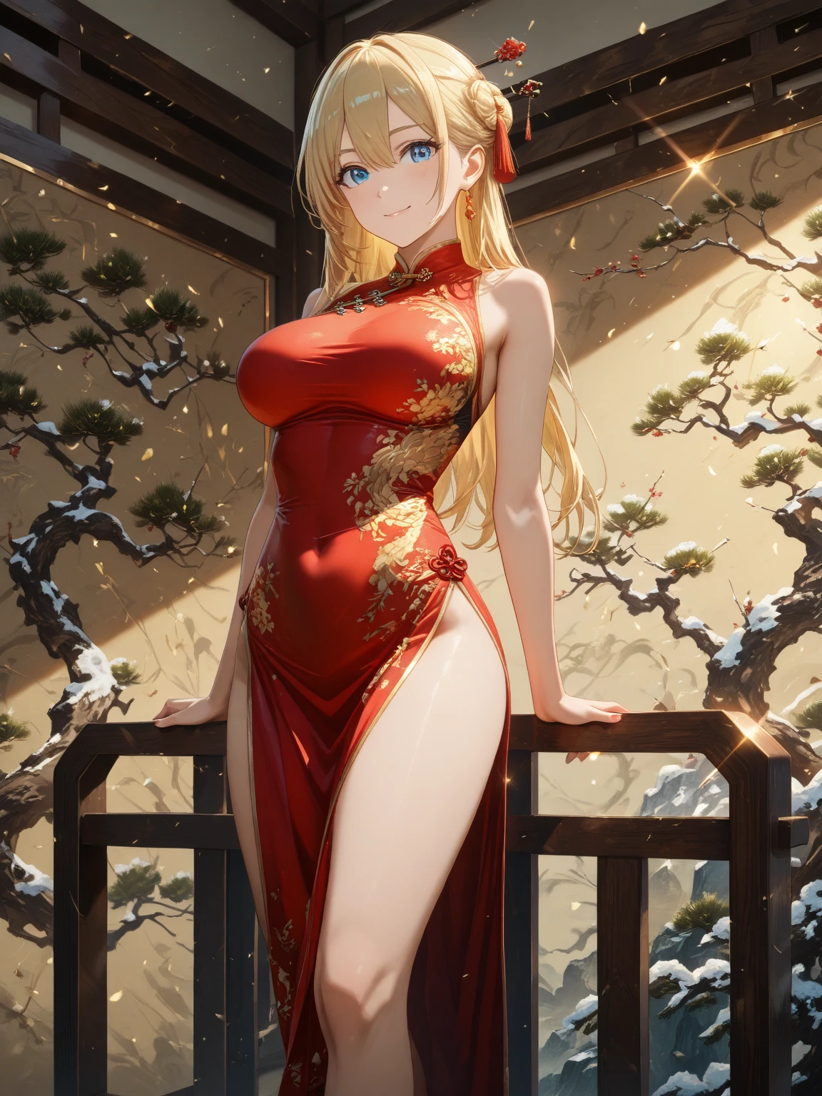 ((One girl)), Pear Blossom,Beautiful Face,A happy look,Blushing,smile,Glossy Lips,Abstract, night,Chinese court, ((Anime style background)),masterpiece, highest quality, so beautiful, Absurd, up to date, Complex details, Pink long nails,AI-generated, Complex,High resolution, highest quality, super high quality,3D Images、View the viewers、3D Images,one person,Long Blonde Hair,High Ponytail,blue eyes,Anime woman posing for a photo, [[Fine grain、Colorful eyes、Shining Eyes:1.15]],(Squint your eyes:1.1),a hyper realistic , Blonde anime woman with long hair, Smooth anime CG art, Beautiful Chinese court lady, Chinese court costume,Gold embroidered floral dress,Flower Hair Ornaments,Earrings,(Large Breasts:1.4),Mature Body,tall,Big Ass,Fine details,Abdominal muscles,Tilt your face,dance