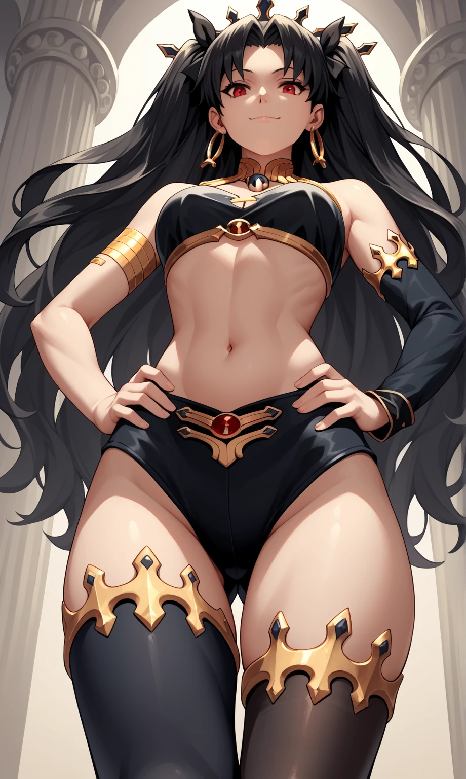 scores_9, score_8_up, score_7_up, source_anime, 1girl, solo, from below, standing, looking at viewer,ishtar, red eyes, black hair, long hair, two side up, parted bangs, black ribbon, hair ribbon, tiara, hoop earrings, jewelry, neck ring, bikini, single sleeve, detached sleeves, single thighhigh, black thighhighs,, closed mouth, smile, big thighs, hands on hips