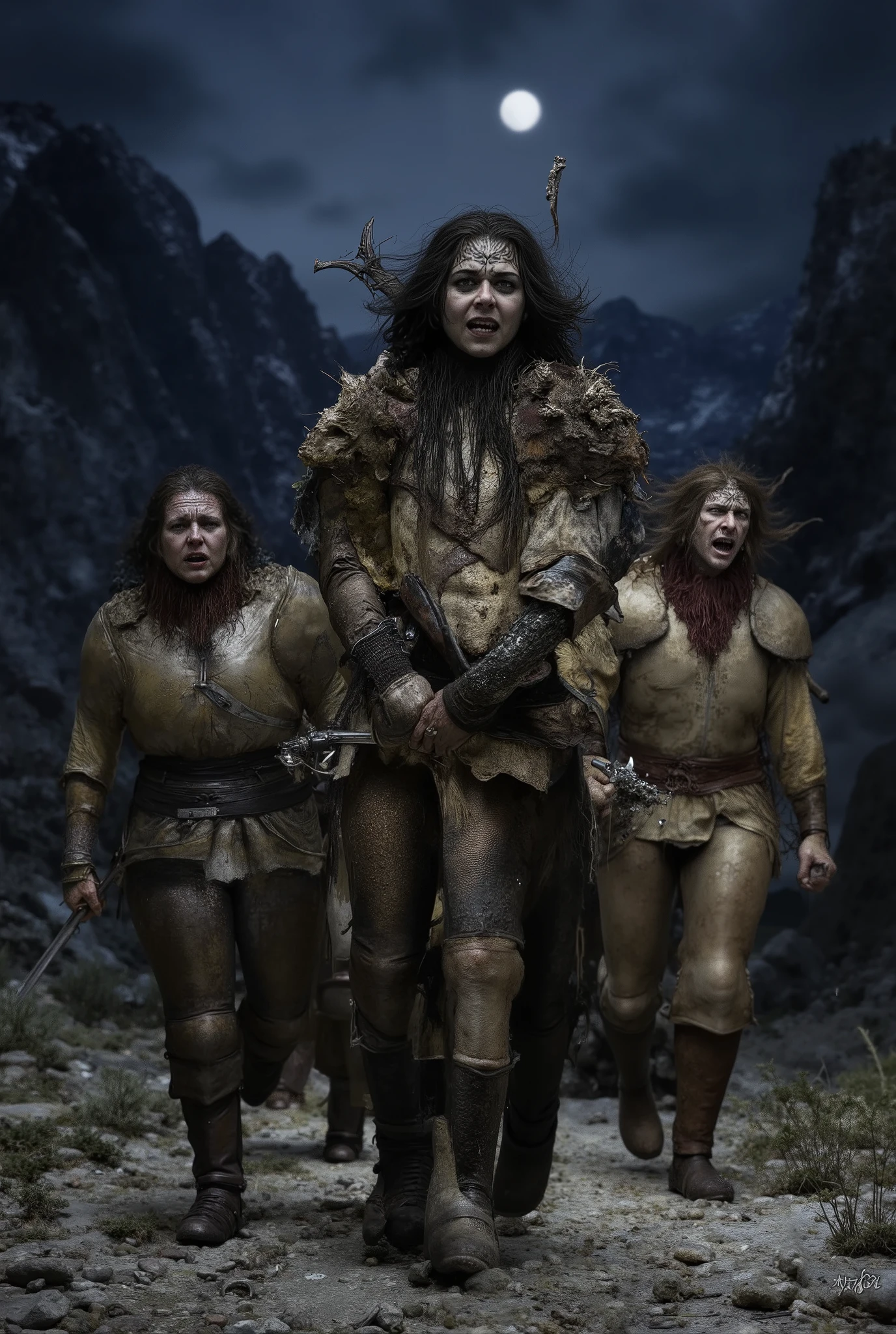 A .large group of strong super muscular wide shoulders chubby (ugly human females), (wearing historical medieval cloth armor) and trousers with boots, (holding weapons), as they (walk menacingly furious towards viewer), screaming, rocky mountainous biome, night time, night sky, dark colors. partially covered in shadow, shadows
