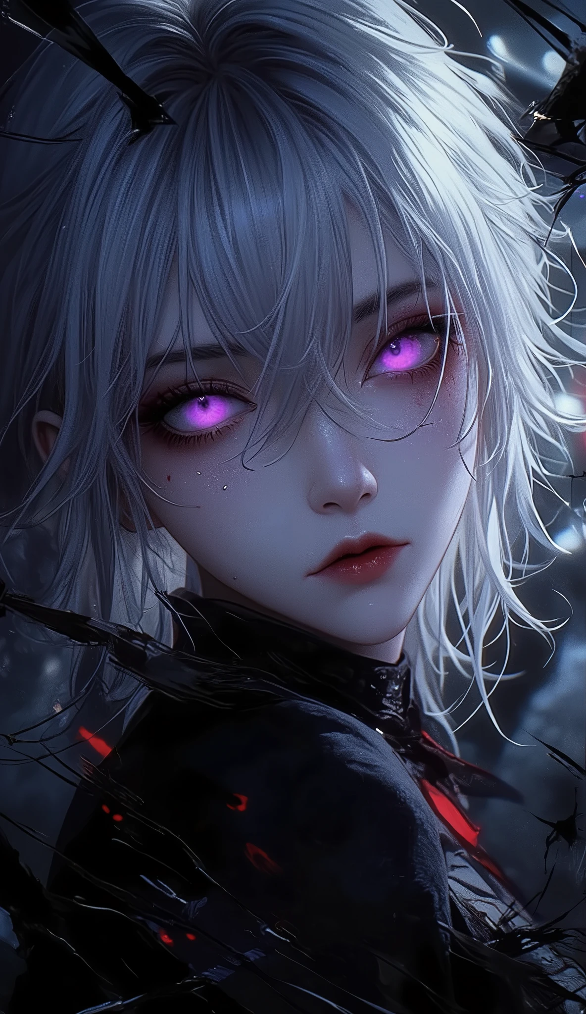 (masterpiece, best quality, ultra-detailed, best shadow), (detailed background,dark fantasy), (beautiful detailed face), high contrast, (best illumination, an extremely delicate and beautiful), ((cinematic light)), colorful, hyper detail, dramatic light, intricate details, (1girl, solo,white hair, sharp face,purple eyes, hair between eyes,dynamic angle), blood splatter, swirling black light around the character, depth of field,black light particles,(broken glass),magic circle,