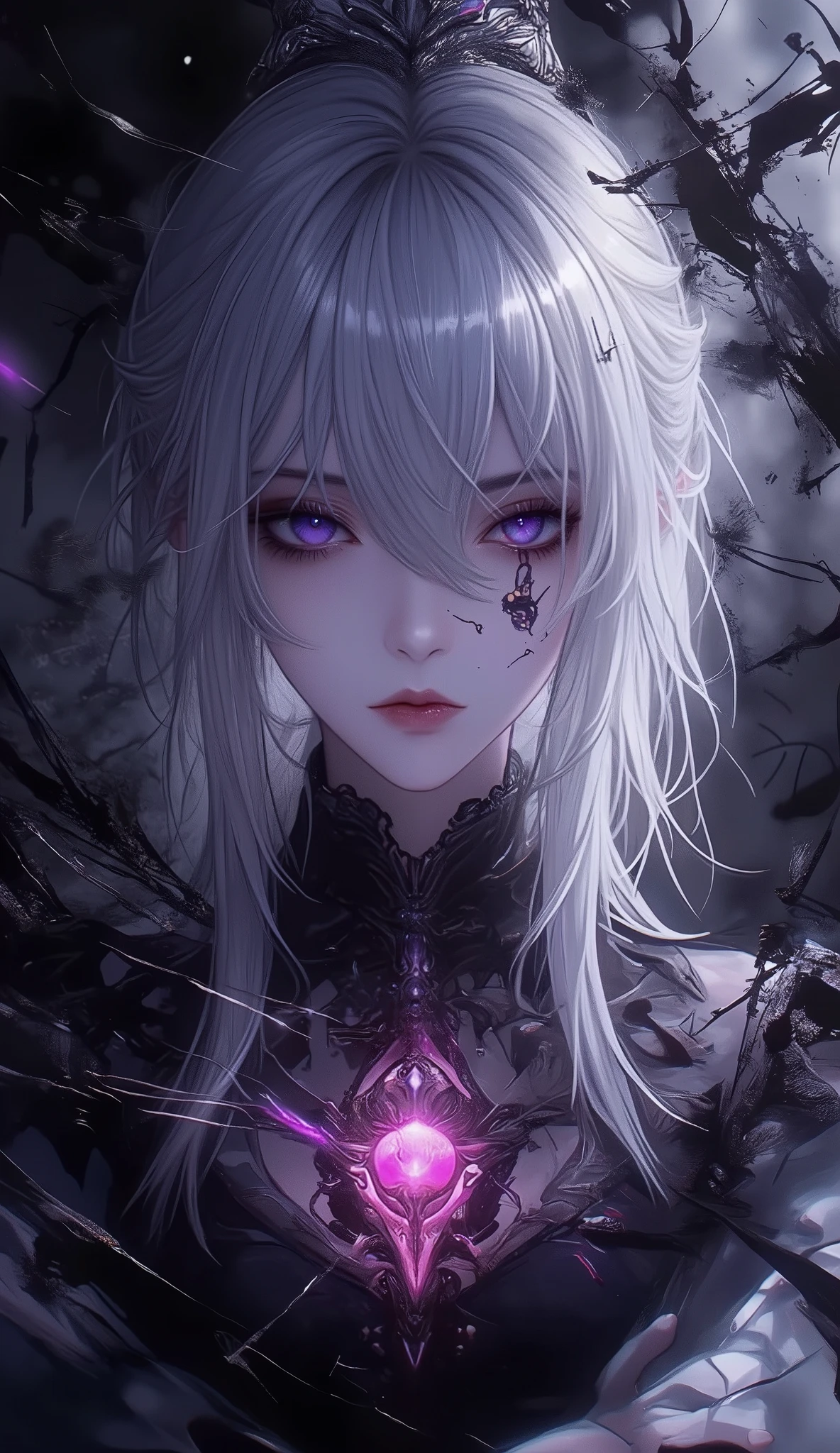 (masterpiece, best quality, ultra-detailed, best shadow), (detailed background,dark fantasy), (beautiful detailed face), high contrast, (best illumination, an extremely delicate and beautiful), ((cinematic light)), colorful, hyper detail, dramatic light, intricate details, (1girl, solo,white hair, sharp face,purple eyes, hair between eyes,dynamic angle), blood splatter, swirling black light around the character, depth of field,black light particles,(broken glass),magic circle,
