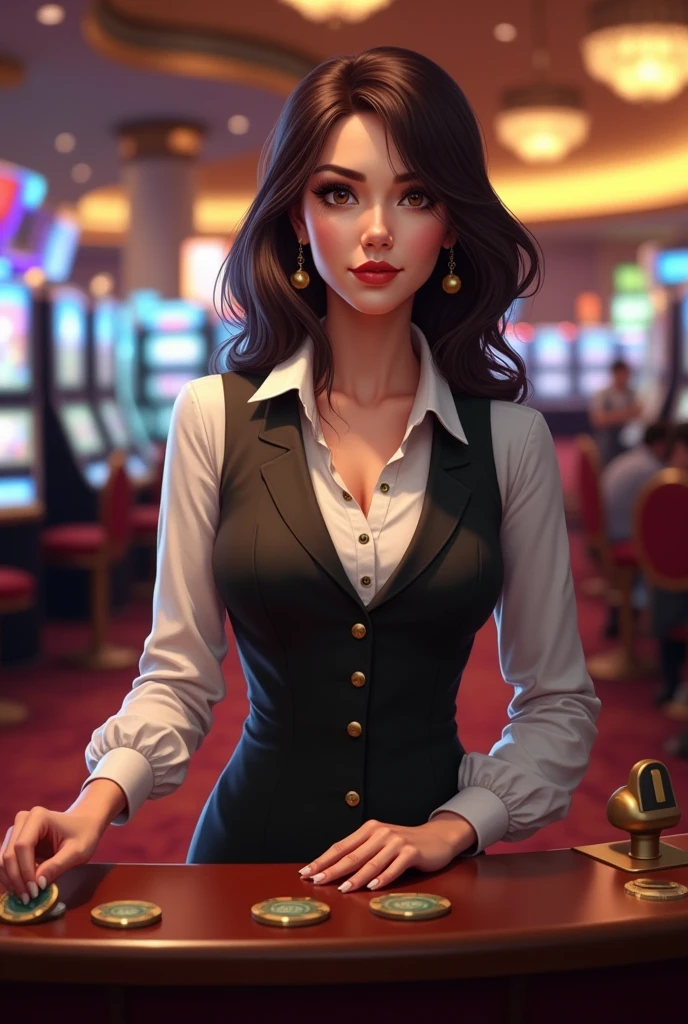 A woman in a customized roulette-themed gaming room, money on the roll table, the woman giving a class on the roulette course, she with a vest and blouse that says godfather, she with Rolex on her wrist, diamond chain and a graduation cap in hand with roulette written on it