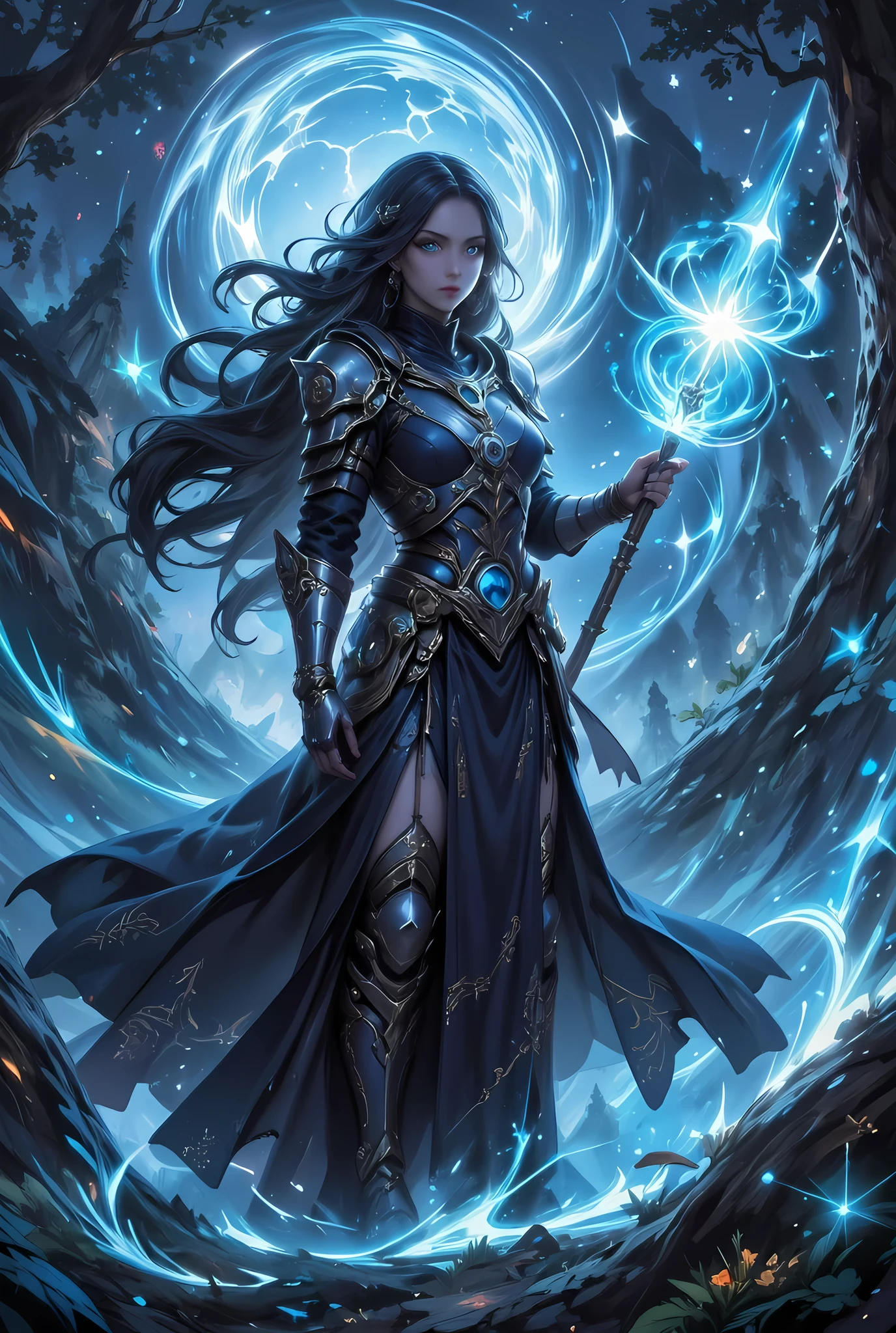 female human druid of the stars, guardian of nature, controlling magical energy made of stars, swirling blue stary magical light, divine symbols high details, dynamic angle, human female, extremally beautiful, ultra feminine, dynamic hair, dynamic hair color, wearing leather armor , holding a staff, moon light, stars, dynamic natural background, invert color, RPG art, magical atmosphere magic-fantasy-forest, dnd art, rpg art ultra best realistic, best details, best quality, 16k, masterpiece, best quality, (extremely detailed), photorealism, depth of field, hyper realistic painting, ultra wide shot, , realistic art , invert color, Celestial Fantasy, zavy-ctcmcs