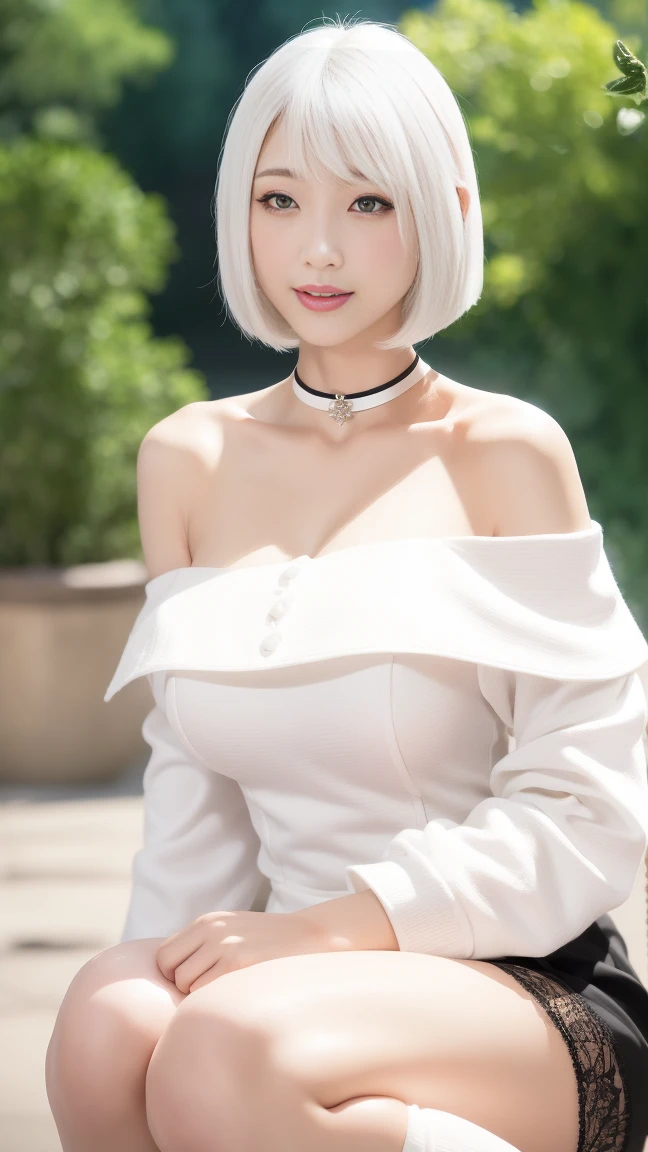 (8k, top quality, masterpiece: 1.2), (realistic, photorealistic: 1.37), super detailed, girl alone, cute, one, beautiful detailed sky, detailed café, night, sitting, date, (blush), (smile: 1.15),(closed)small,beautiful fine eyes,(shirt with collar:1.1),night,wet,business wear,rain,white lace,(short hair:1.2),floating hair NovaFrogStyle,Pure White Hair,White Hair,White Hair