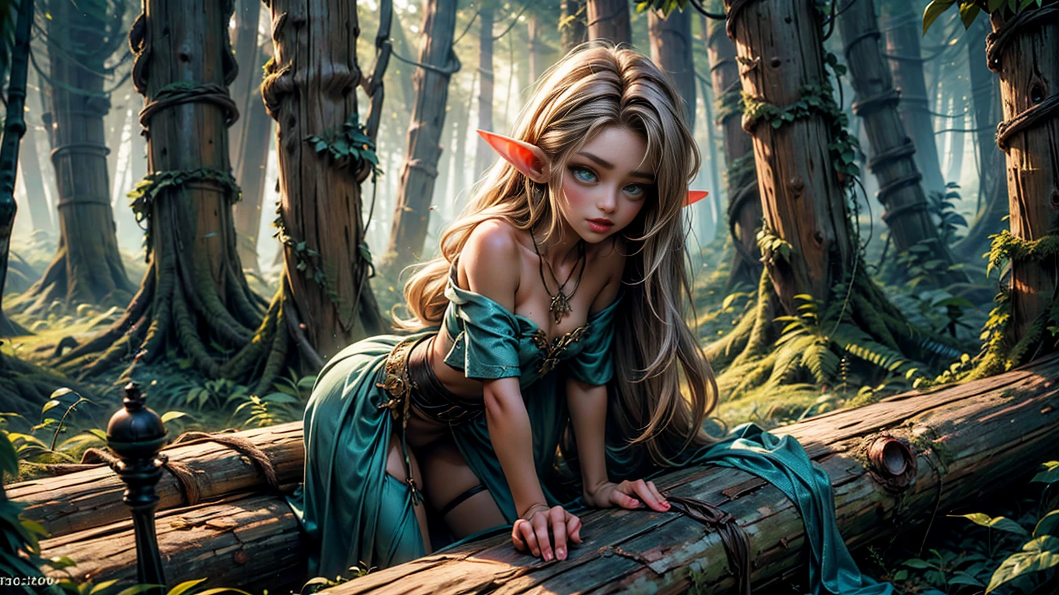elf cute little girl, looking at viewer, piercing ear, tattoos on body, in a little elf tree house, wearing cute dress, long one braids hair, anime pose, full body, hyper detailed eyes, hyper detailed face 16k, 8k, RAW photo, best quality, masterpiece, high detail RAW color photo, dramatic lighting, cinematic lighting, back light, professional lighting