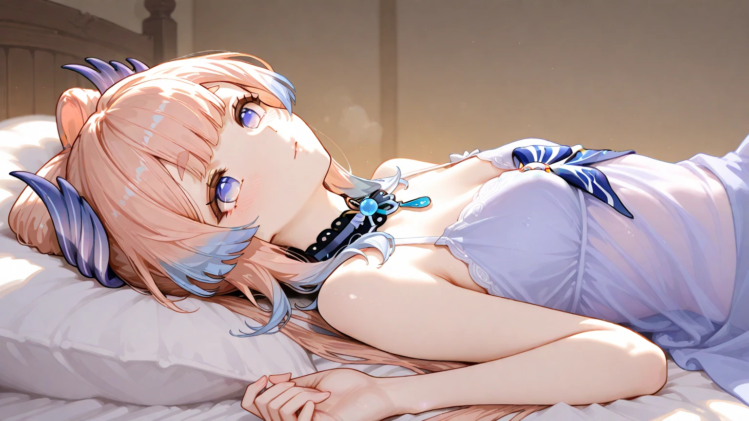Sangonomiya kokomi , big breasts , exposed, panties exposed, legs apart, lateral breast exposure, chest exposure, chest exposure, scratches, vaginal opening, not wearing panties