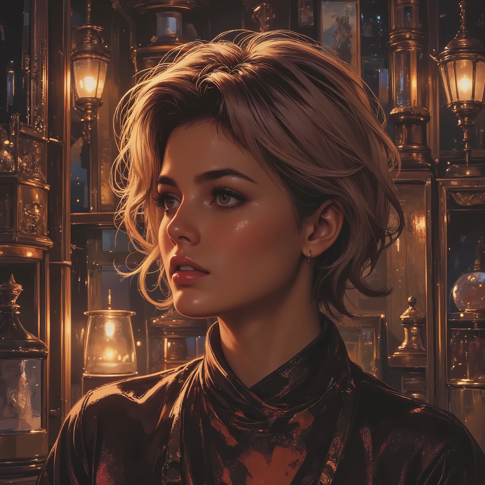 Portrait of a semi-realistic looking young woman in profile, blonde hair, short haircut, very bright eyes, flawless and shiny skin that glitters under the light. The background is impressive with intricate details all over the screen. The overall photo has cinematic lighting with a polarizing filter, and everything is in sharp focus.