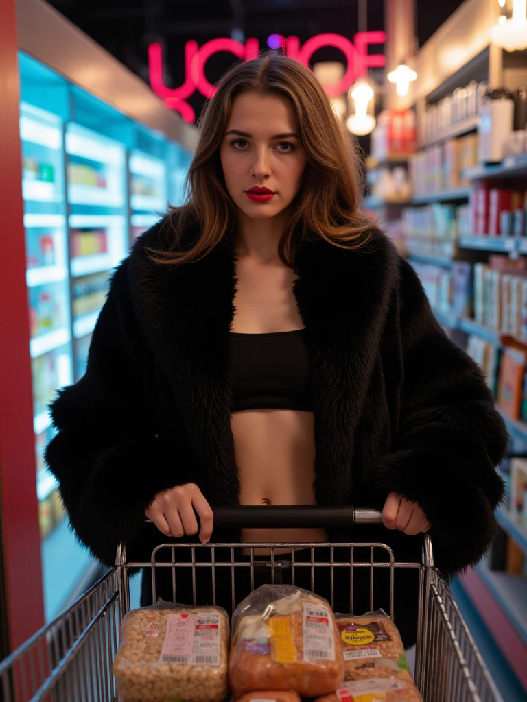 ((best quality)), ((masterpiece)), (detailed), perfect face
A blonde woman wearing sunglasses and a pink fur coat holding shopping bags while walking down a clothing store isle