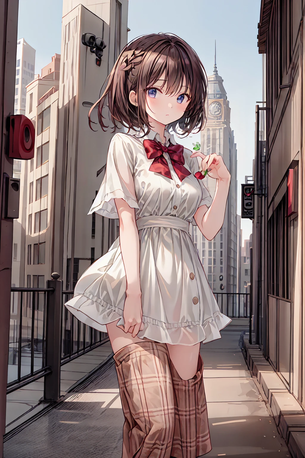 1 girl , sitting in the Ferris wheel, (lift up the skirt with one's hands),(character focus), from above,POV,cowboy shot ,tilt head ,(panty shot), spoken heart, laugh ,dress, brown medium hair, tareme, blush ,((masterpiece)), ((best quality)), ((ultra-detailed)), (illustration), ((an extremely delicate and beautiful))