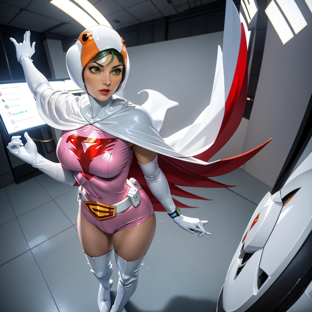 ANI_CLASSIC_jun_gatchaman_ownwaifu,1girl, 18yo,good anatomy, masterpiece, best quality,realistic, hyperrealistic, 16k hdr,
long hair,breasts,green eyes,lips,large breasts,lipstick,makeup,gloves,cape,helmet,belt,elbow gloves,white gloves,mask,ultra miniskirt,leotard,spacesuit,white legwear,pink dress,superhero,bodysuit,cleavage,erected nipples,(fighting pose,from below:1.2),(spread legs:1.1),cameltoe,sweat,smile,space ship,see through nipples