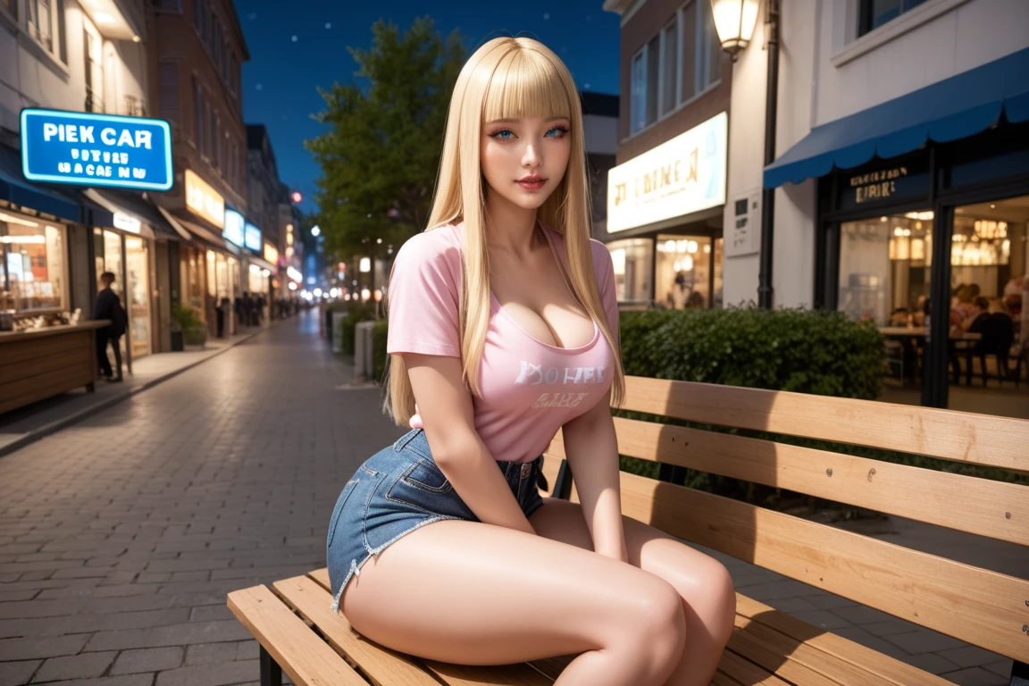 A woman sitting on a bench, big breasts, living doll, eyes are staring into nothing, perfect body, beuatiful, european, wearing shorts, and crop top, has had surgery to look like a living doll, is made of plastic