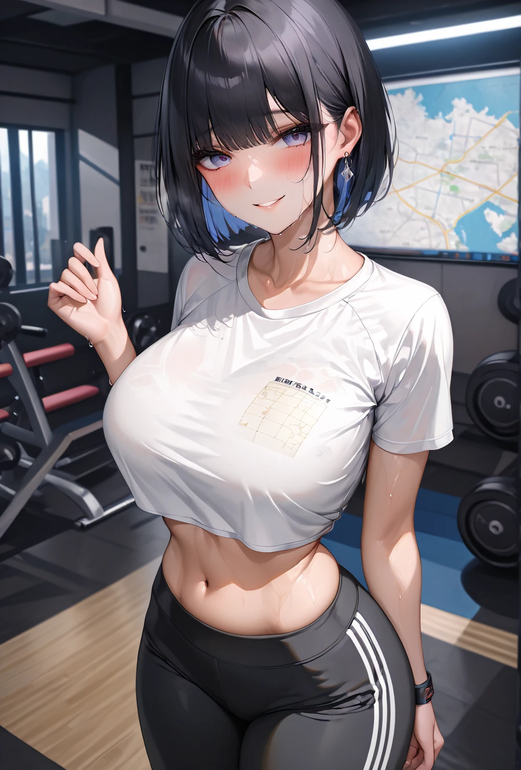 A girl in gym outfit taking a selfie big showing