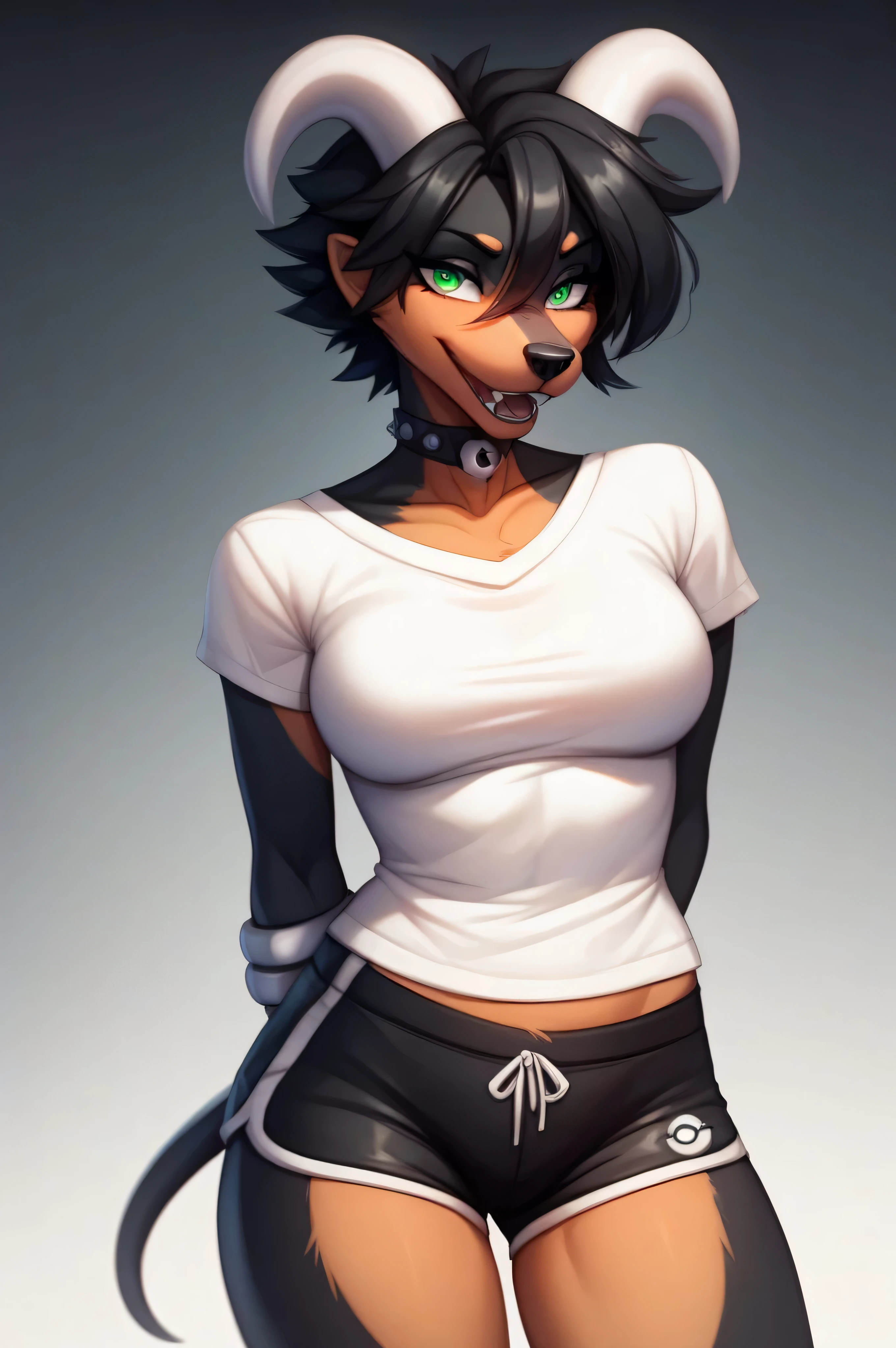 score_9, score_8_up, score_7_up, score_6_up, high quality, intricate details, high resolution, sharp focus, Expressive, solo, WhisperingVeil Style, better face, better eyes,
1girl, Houndoom (pokemon), pokemon generation 3, no horns, short black hair, anthro, white top, black gym shorts, black contours, furry art, commission for high res, green eyes, stading straight, arms behind back, standing,