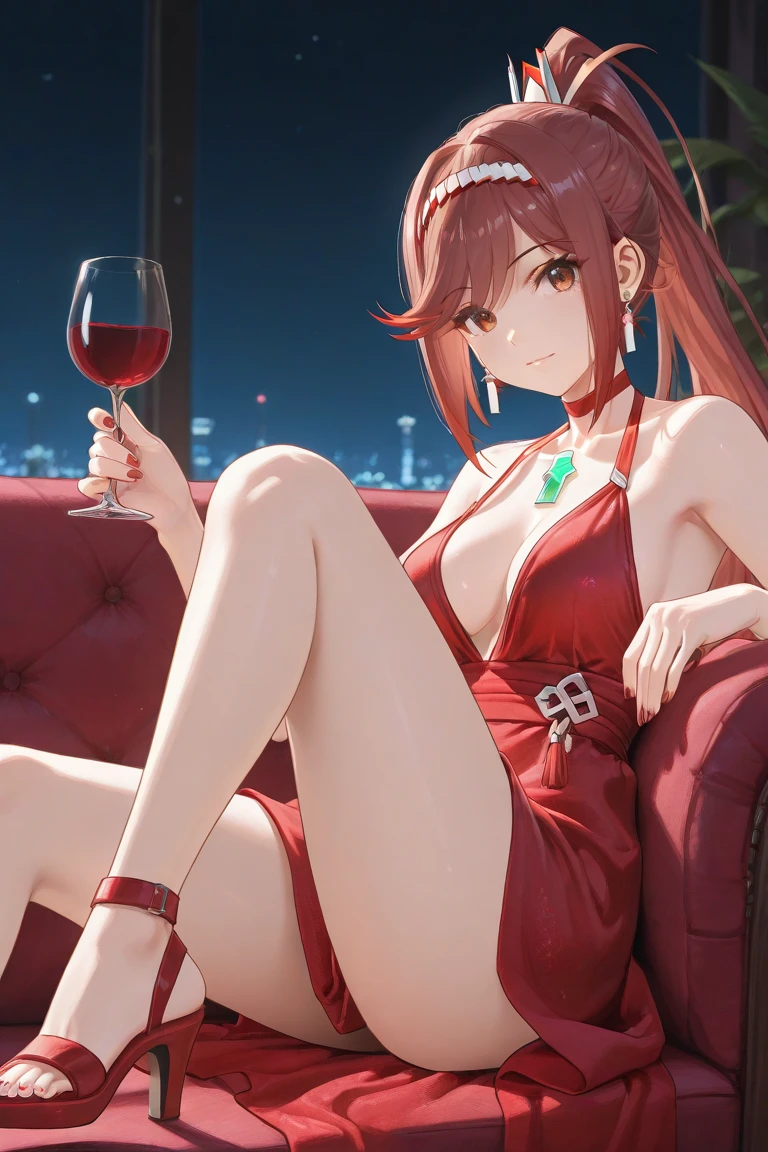 masterpiece, best quality, 1girl, bar, wine, long view, fantasy, sky, nightclub, wide shot,