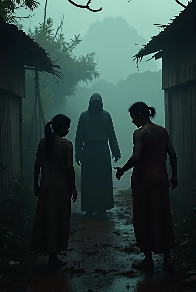 realistic photography. Indonesian looking young man wrapped in a tied white shroud. pale white face. dark eye circles. laughed out loud. Next to him was a young woman wearing a hijab who wore a shabby white dress like a kuntilanak ghost. pale face. street atmosphere. asphalt like there is a carnival. lots of viewers left and right. Ultra-realistic 8K photos, taken with Leica Q2, strong color contrast and sharp clarity --quality 2 --