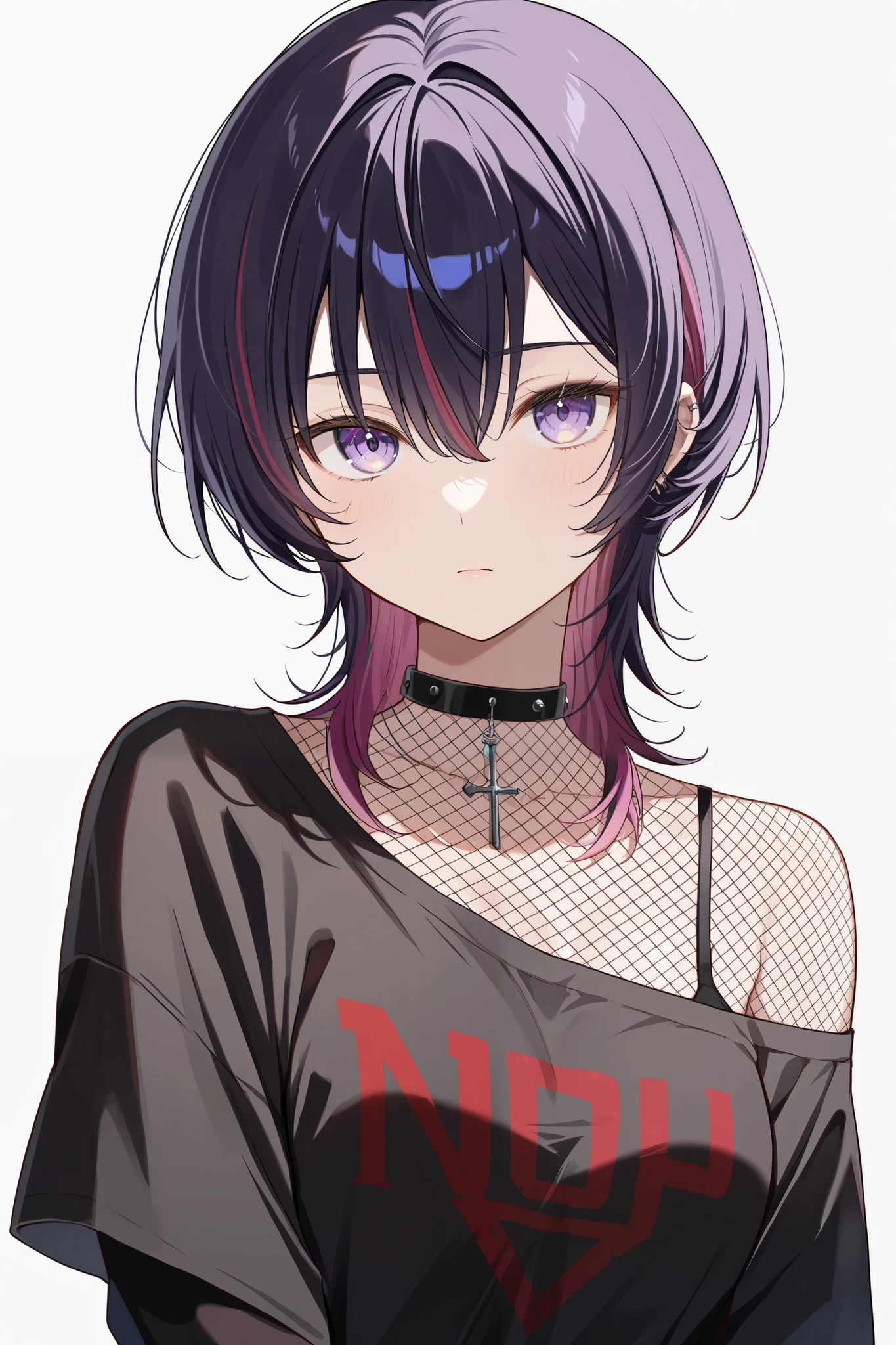 score 9, score 8 up, score 7 up, ultra-detailed, (best quality, (((masterpiece))), ultra detailed, ultra high res, absurdres, high-resolution, highest quality, very aesthetic, textile shading), source anime, (detailed eyes), (detailed face), simple background, white background, BREAK, (kabu usagi), 1girl, solo, black hair, multicolored hair, purple hair, wolf cut, hair between eyes, sidelocks,streaked hair, goth fashion, fishnet top, looking at viewer, purple eyes, expressionless, upper body