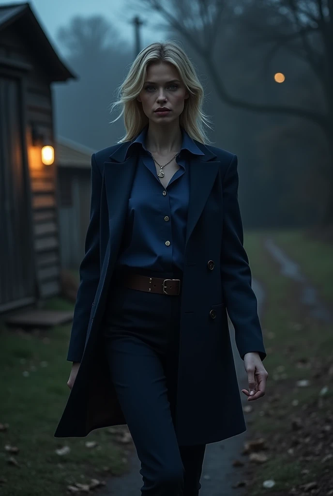 gender swapped female character (45 years old, 181cm tall, thin, athletic body, lean fingers, well kept nails, perfect pale skin, wavy blonde hair past the shoulders with silver grey strands visible in the light), dc comics character john constantine as female, clothing mildly disheveled, torn clothing (white shirt missing buttons, torn sleeves rolled up), jacket laying on the ground nearby, loosened red tie worn around the neck, smoking a long, thin freshly rolled cigarette, looking contemplative (slight smile), leaned against a stonework wall of a mausoleum in an old graveyard at dusk (cloudless skyline, late sunset outdoor lighting conditions, low shadows from nearby buildings)