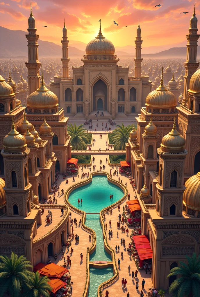 A depiction of the Kingdom of Sheba as an ancient city, with imposing palaces and temples surrounded by vibrant markets. The city is shown in its prime, with water fountains, lush gardens and architecture that blends Arabic and African influences.