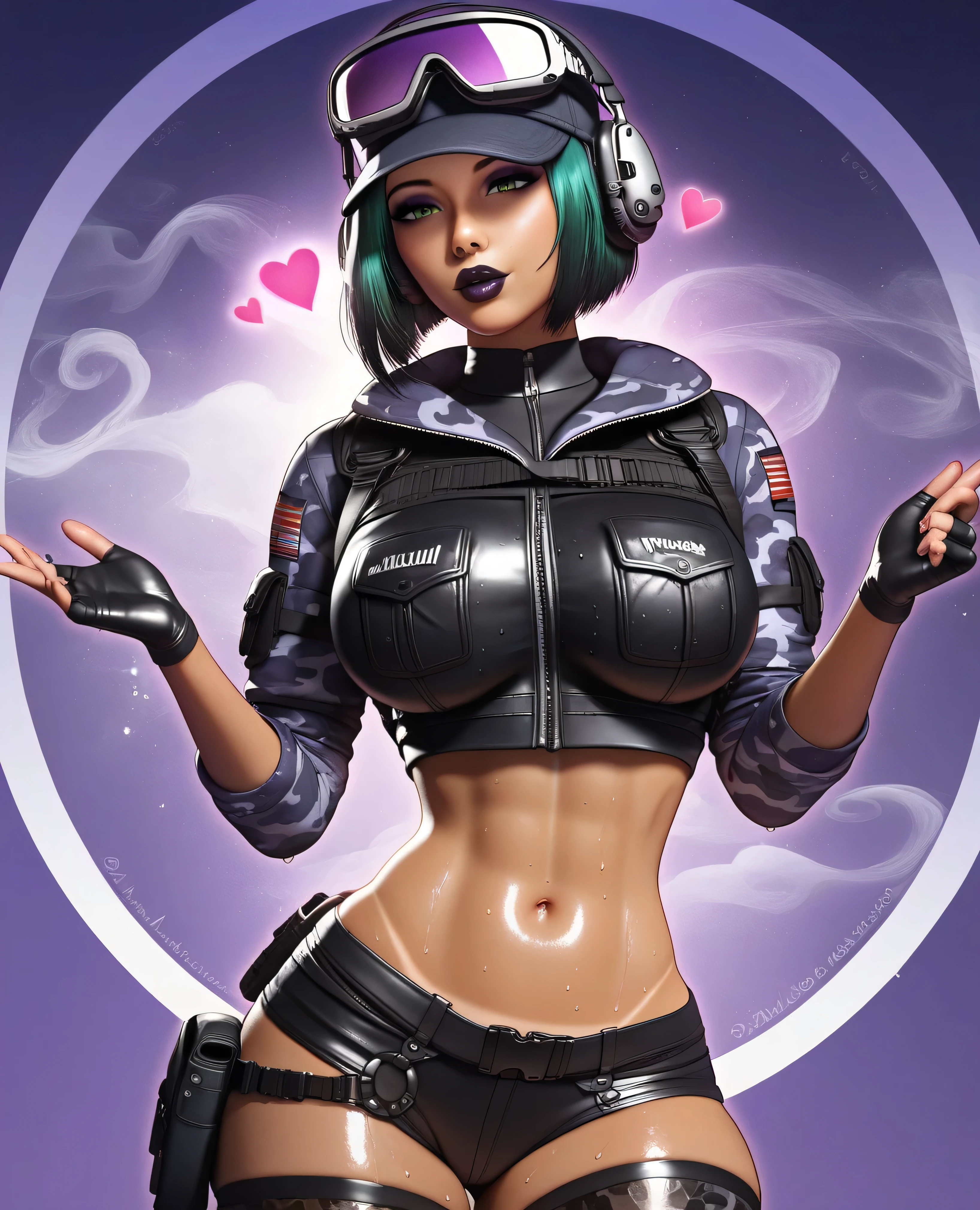 score_9, score_8_up, score_7_up,Ela, ela elite \(Rainbow Six Siege\),ela, ela \(Rainbow Six Siege\ ultra detailed,beautiful face,beautiful hands,detailed background,detailed face,4k,HD,8k,highres,antialiasing,detailed BREAK ElaSDXL,1girl,solo,short hair,gloves,hat,green eyes,jacket,green hair,pants,fingerless gloves,uniform,lips,military,military uniform,headphones,goggles,holster,camouflage,goggles on headwear,camouflage jacket,bulletproof vest,cowboy shot,room,room background,, Expressiveh, pinup girl pose, aesthetic, dramatic angle, unique perspective, unique angle, comic book angle and perspective, wide angle, intricate detail, floating hearts, perfect hands, viewer pov, (atmospheric, low lighting, purple smoke, red aura, seductress, going in for kiss, heavy lipstick, kissing pov, eyes half closed) ( goth mom, lashes, busty, wide hips, thick thighs, skinny waist, perfect face, eyeliner, smokey eyeshadow, curvy, skinny, slender body, shiny skin,shiny eyes, dark make up, big round eyes, dark lipstick, plump lips, puckered lips, dark pvc clothing, dark latex clothing, corset, crop top, leggings, harness, patterned outfit, rubber thigh high boots, elblow gloves, tan lines, wet, purple background)