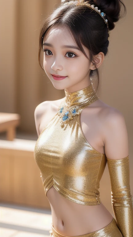 Japanese cute girl dressed as Kannon Bodhisattva, Buddha Statue, Golden See-Through Leotard, Golden Mesh Stockings, Golden Garter Stockings, wearing a small treasure crown on her head, Golden Transparent Fluttering Robes, walls with golden patterns, very young girl, twin tail hair, white skin, standing, (((realistic))), (((High resolution)))