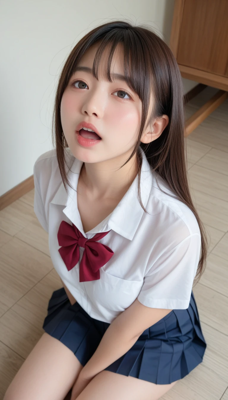 wearing short skirt、Alafid asian woman in bow tie sitting on train, cute schoolgirl, Japanese school girl uniform, wearing japanese school uniform, japanese school uniform, a hyperrealistic schoolgirl, Dress up as a schoolgirl, hyperrealistic schoolgirl, Wearing school uniform, realistic schoolgirl, girl wearing, Wearing school uniform, one posing, whole body, Good skin, glowing skin, beautiful thighs,glowing thighs, Glowing legs, (())