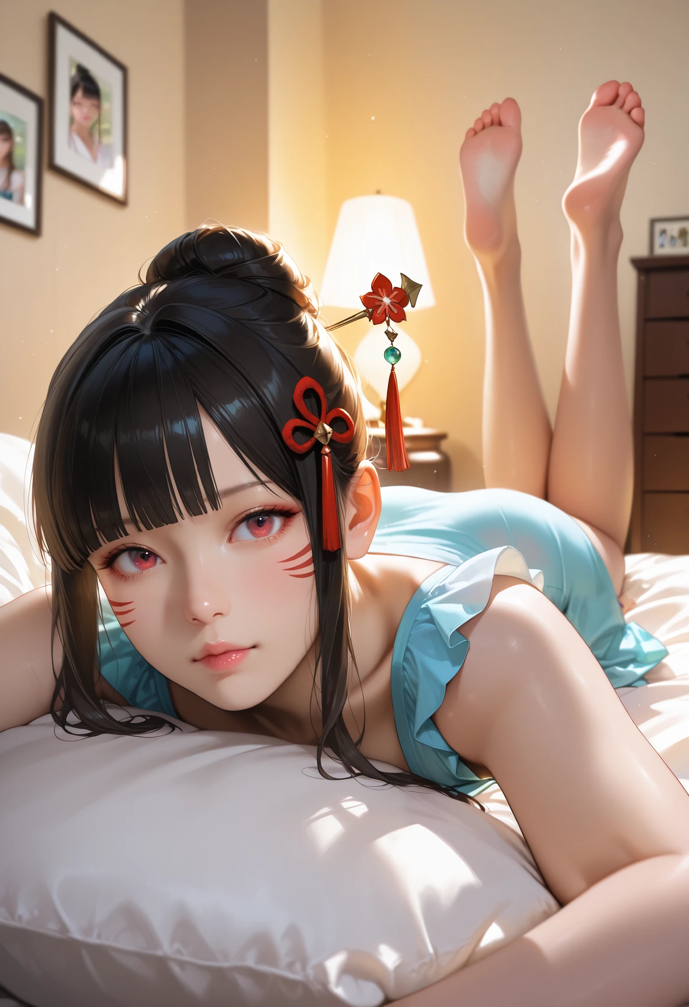 bright look、photorealism、highest quality、Super high resolution、picture extraordinary beautiful girl cute and beautiful face detail、、beautiful bangs shining white skin
TKNKZMI, (best quality,highres:1.2), (realistic:1.37), HDR,UHD,studio lighting,extremely detailed,professional,vivid, best_legs_up, warm toned lighting beautiful woman face, beautiful eyes, black hair, blunt bangs, eye shadow, sidelocks, hair ornament, hair bun, short dress, bedroom, laying down