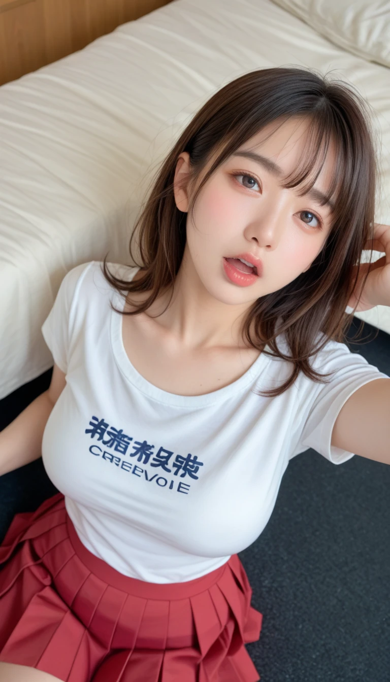 One girl, 1st,Highest quality,High resolution,超High resolution,8k,Realistic,Upper Body,encounter_Audience,Large Breasts, The body is slim,(t-shirt:1.2)