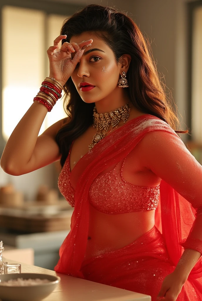a woman in a red and orange sari sitting on a swing, sunny leone, very seductive pose, sexy movie photo, sari, dressed in a sari, inspired by Raja Ravi Varma, sensuous, movie stills, seductive pose, movie stills photography, indian goddess, gorgeous woman, bollywood, she is dressed as a belly dancer, hot fire goddess, print ready, big , cleavage show