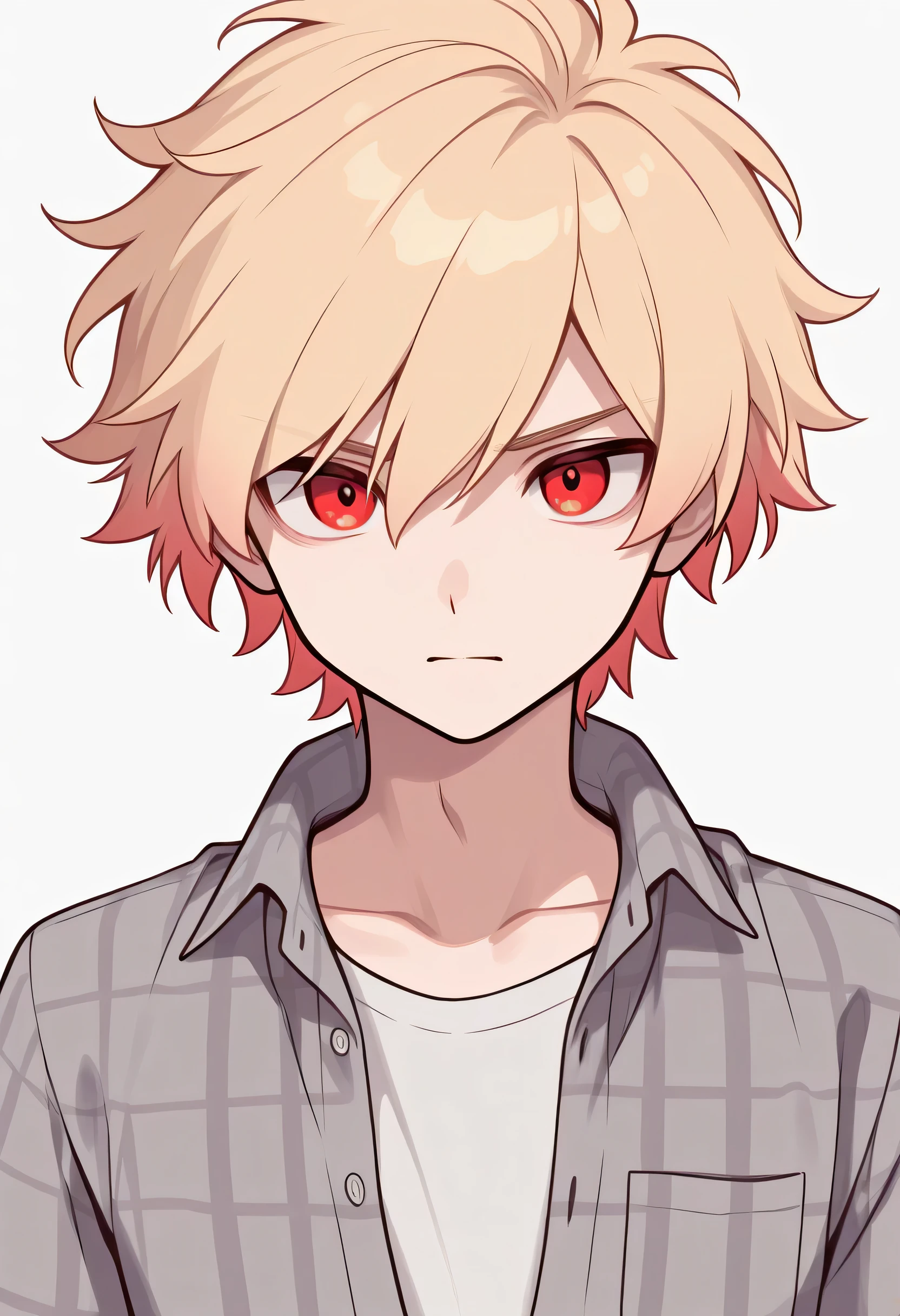 Male + blonde hair + red eyes + gray flannel shirt (unbuttoned) + white T-shirt + face shot + adult