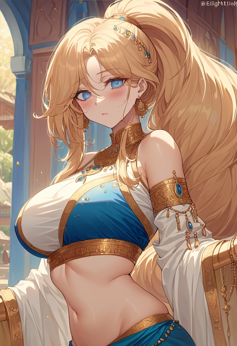 4K,High resolution,One Woman,lamia,Blonde,long hair,Blue Eyes,Huge boobs,goddess,White Holy Dress,hair band,Jewelry decoration,Gold decoration,Holy Sword,temple