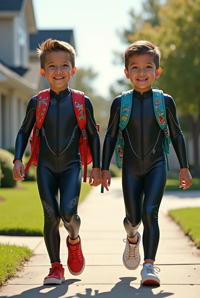 Two boys are wearing a skin-tight shiny latex suit. Both are wearing Nike Jordan 1 sneakers and are laughing at each other.
Both have styled hair with sides at zero. The picture should show realistic boys and be unedited