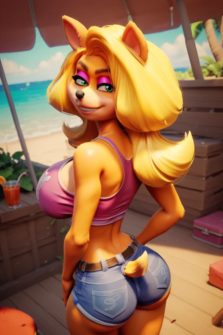 score_9, score_8_up, score_7_up, score_6_up, score_5_up, score_4_up, source_furry, e621, (by Liveforthefunk), Tawna Bandicoot posing on a beach, bimbo MILF, looking at viewer, seductive, beautiful detailed eyes, (wearing a sling microbikini), detailed fur, nipple outline, voluptuous, hourglass figure, large breasts, thick thighs, cinematic lighting, professional lighting