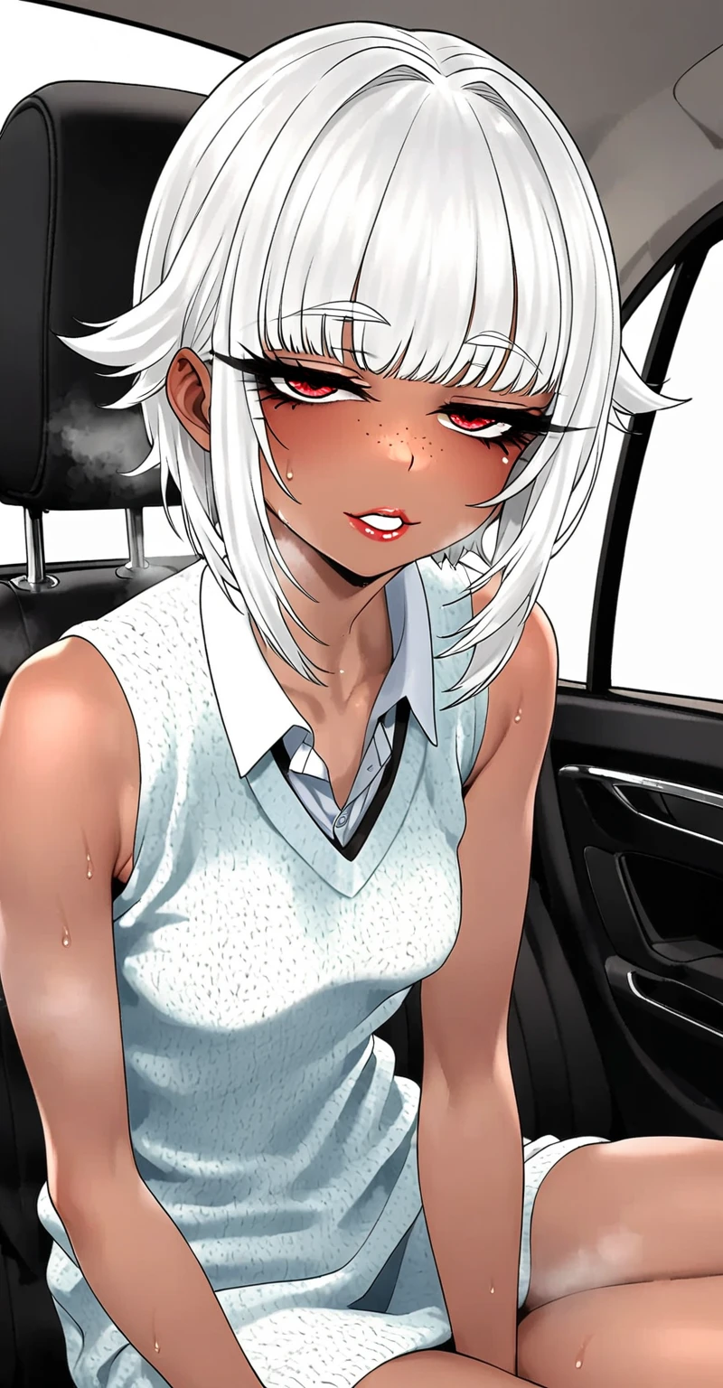 (best quality,high quality, masterpiece,1girl,solo), dark skin, white hair,long hair, car seat, garter belt, red skirt,white long sleeves shirt,