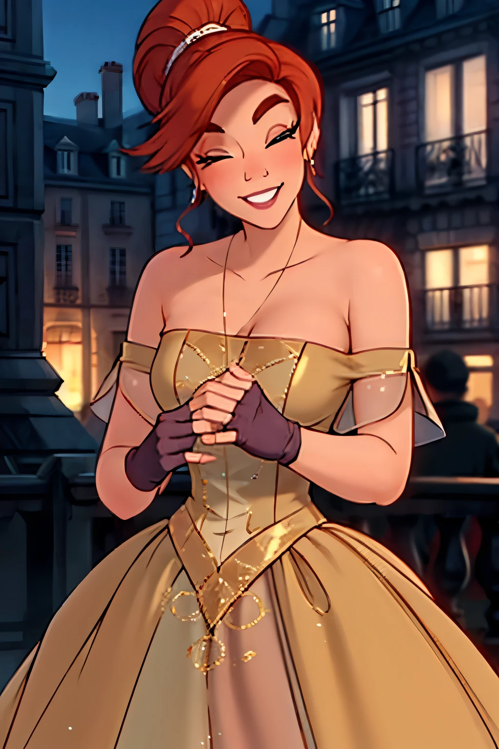 Anastasia in a Vectorian dress in the center of Paris at night, Red loose hair, hands holding on to dress, joyful smile, detailed face, fingers, elbow-length silk gloves on hands