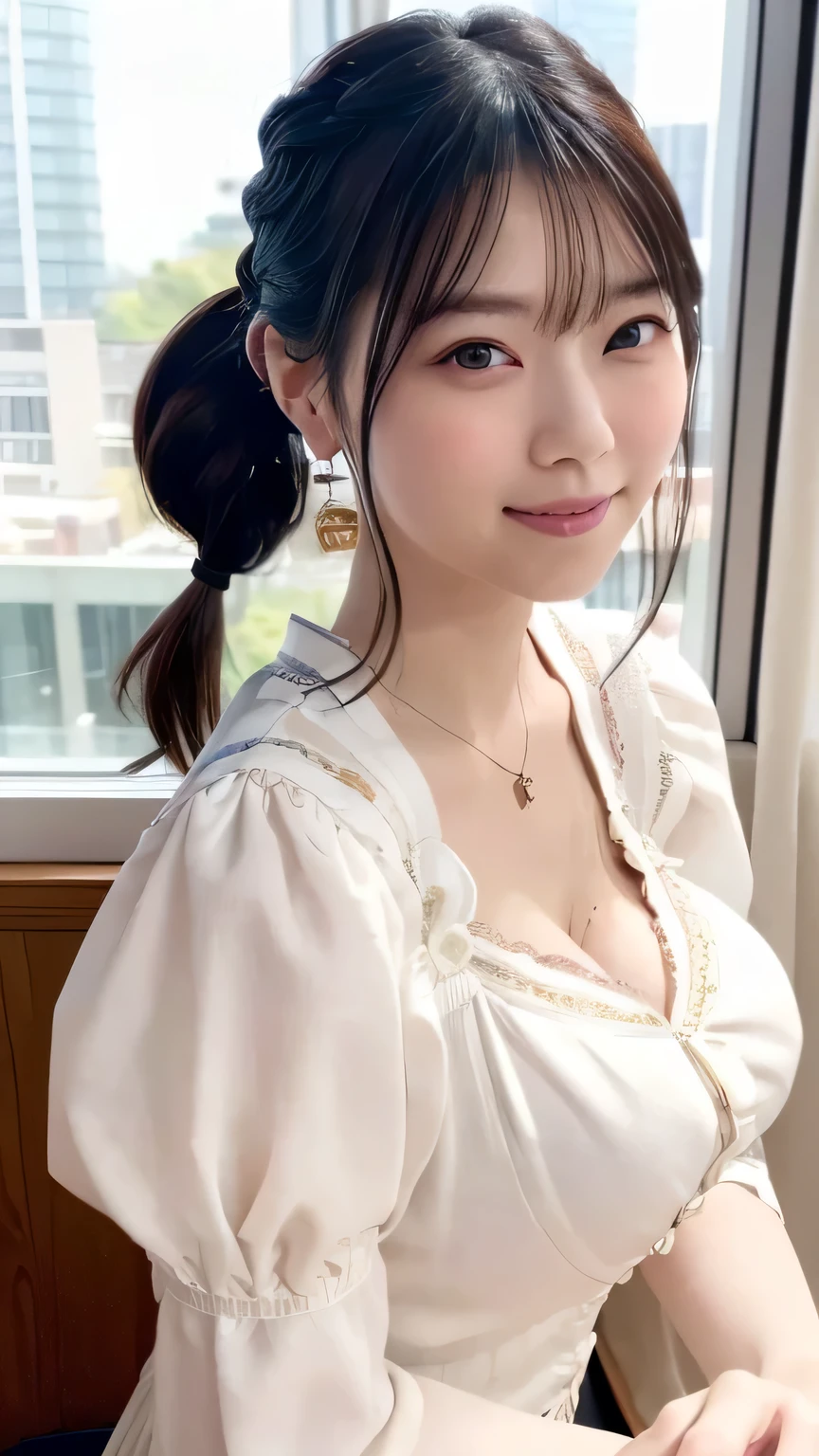best quality, detailed, beautiful, insanely detailed, absurdres,perfect anatomy,
Japanese woman,black hair,27 years old,
(slender),
(small breasts best quality),happy, laughing, sitting, low twintails,(lace bra:1.1), (wearing a gray loose t-shirt),(cleavage:1.5), (downblouse:1.6), half body photo, from above