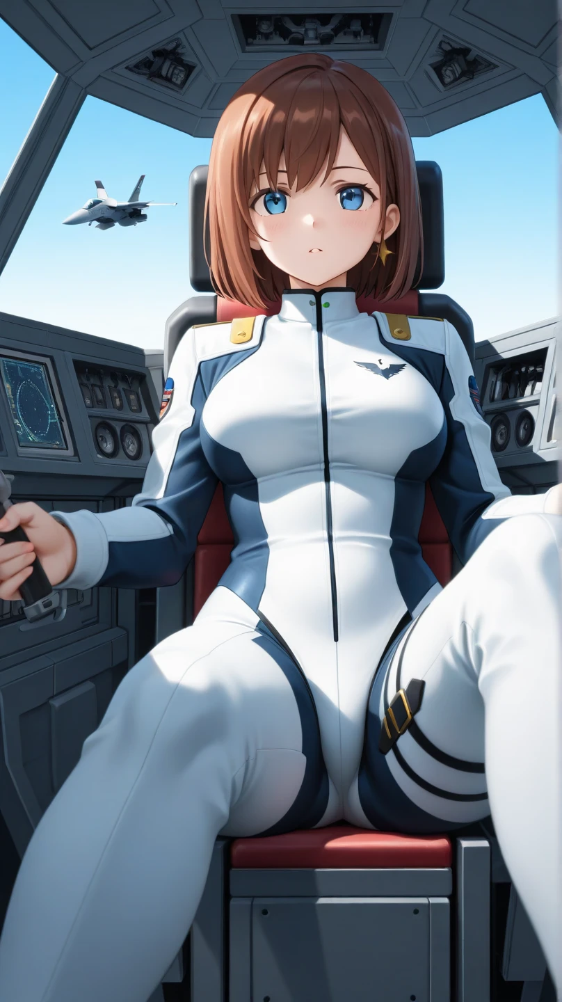 air force lady in the seat of a f-22 fighter jet in the sky, professional, wearing a professional jet fighter uniform, gigantic breasts, makeup, full flight gear, masterpiece, HD, high quality, NSFW, angled POV